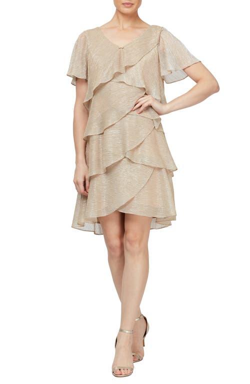 Sl Fashions Embellished V-Neck Short Sleeve Shimmer Bodre Tier Cocktail  Dress in Natural | Lyst