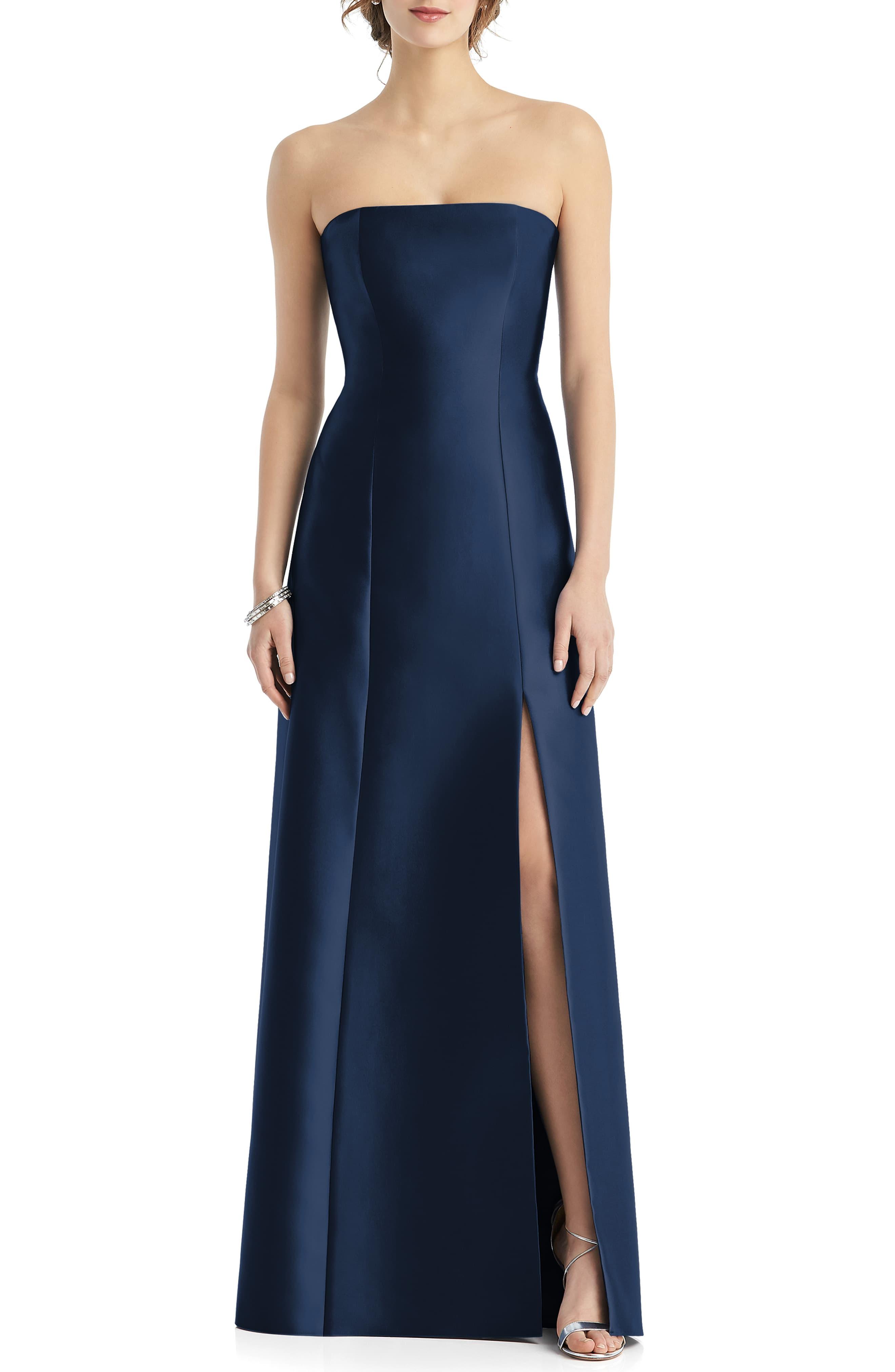 Alfred Sung Strapless Side Slit Satin Gown in Midnight (Blue) - Lyst