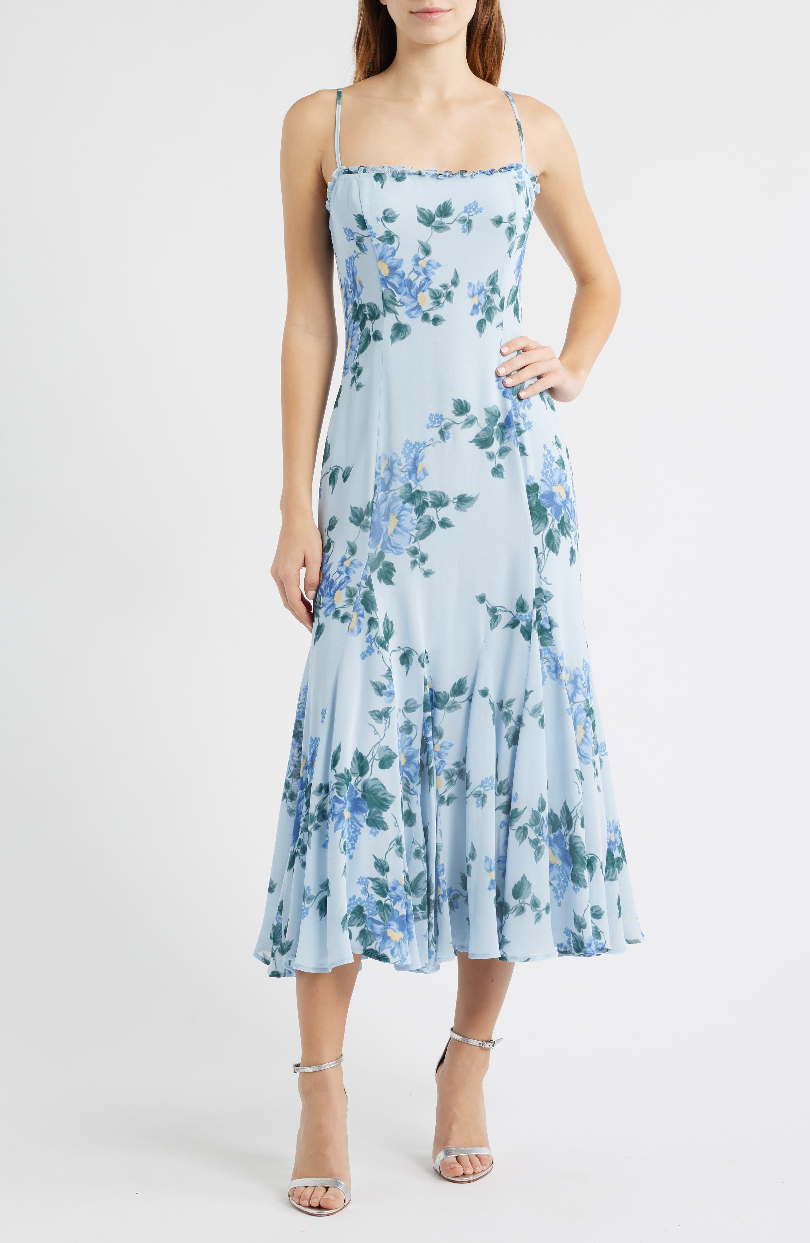 Reformation Lilibet Floral Ruffle Trim Midi Dress in Blue
