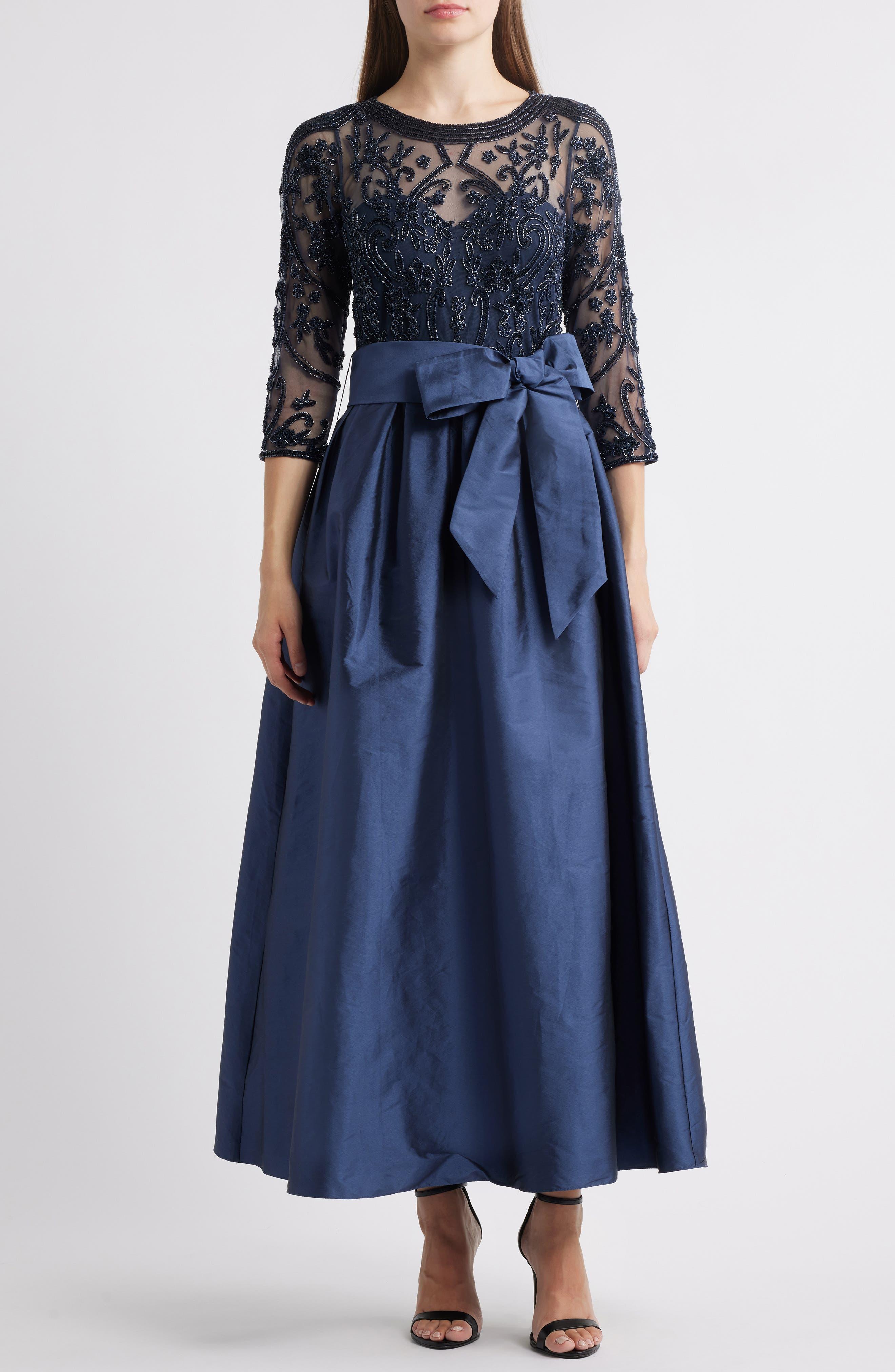 pisarro nights gowns & formal dresses Beaded Illusion Neck Taffeta Cocktail Dress in Blue BF25INCLUSION