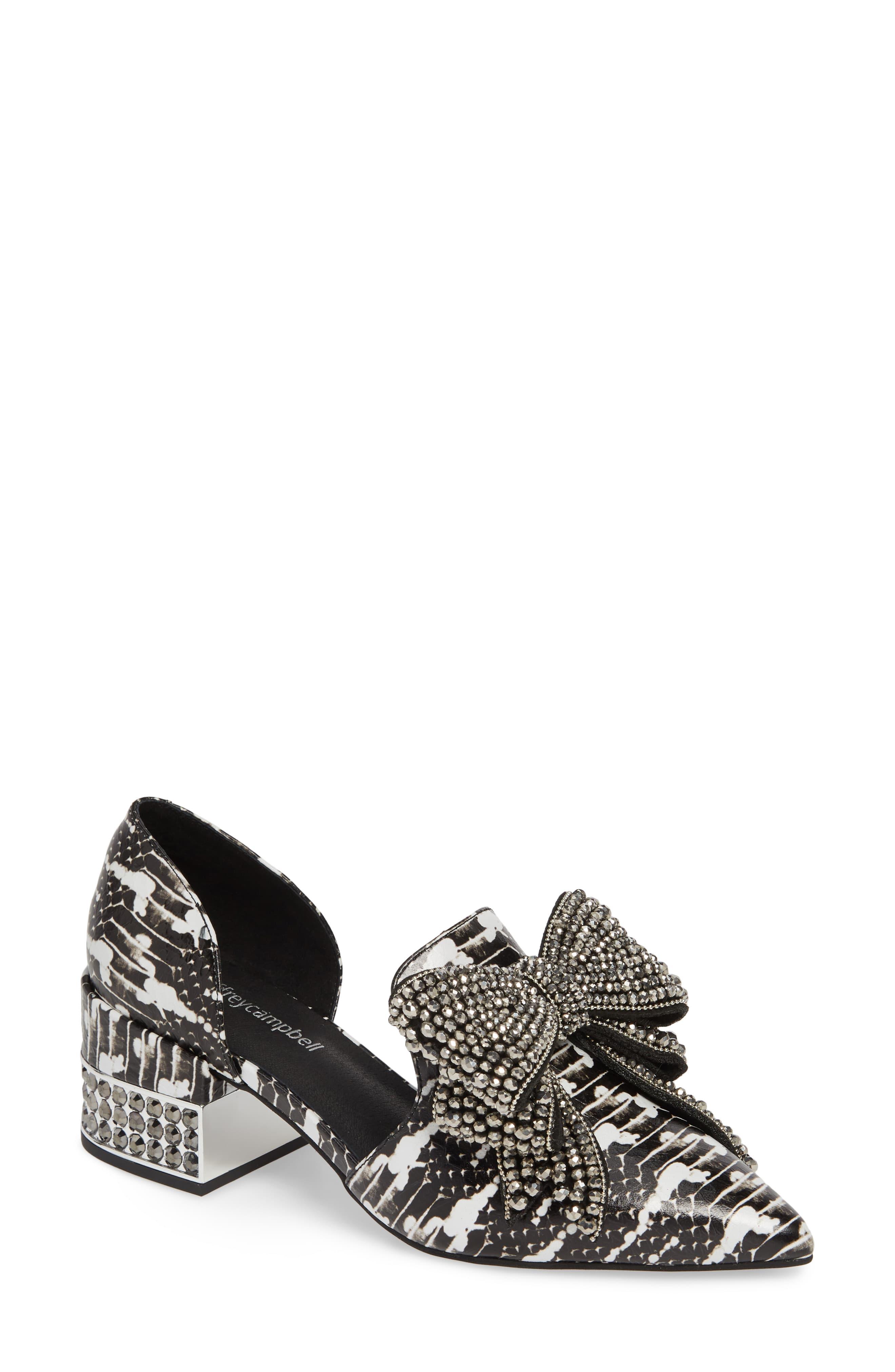 Jeffrey Campbell Valenti Embellished Bow Loafer in Black/ Silver Suede