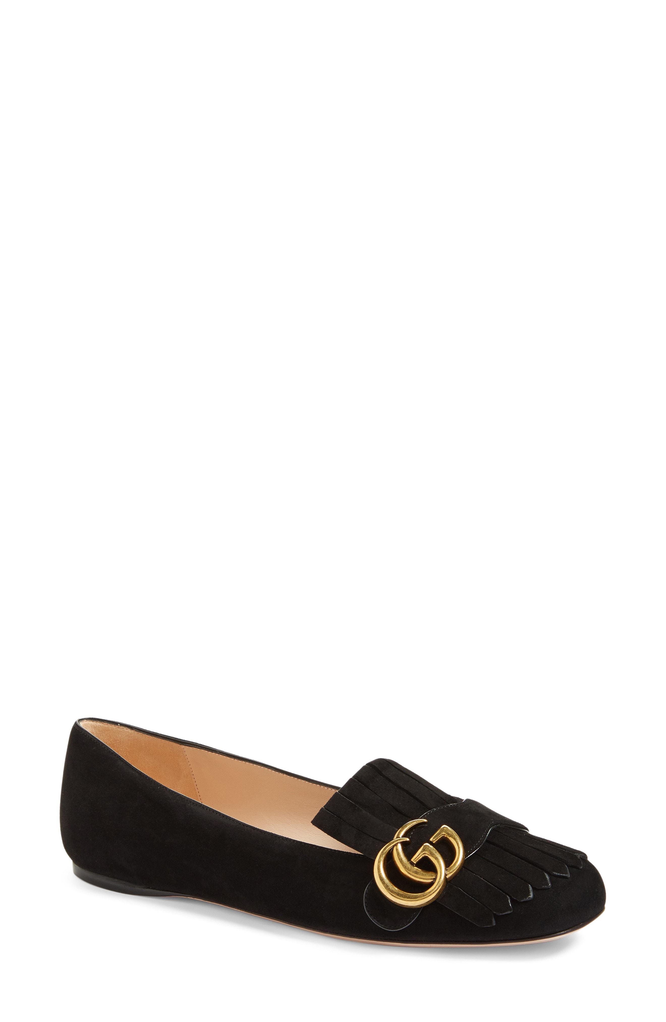Gucci Suede Gg Marmont Fringe Flat in 