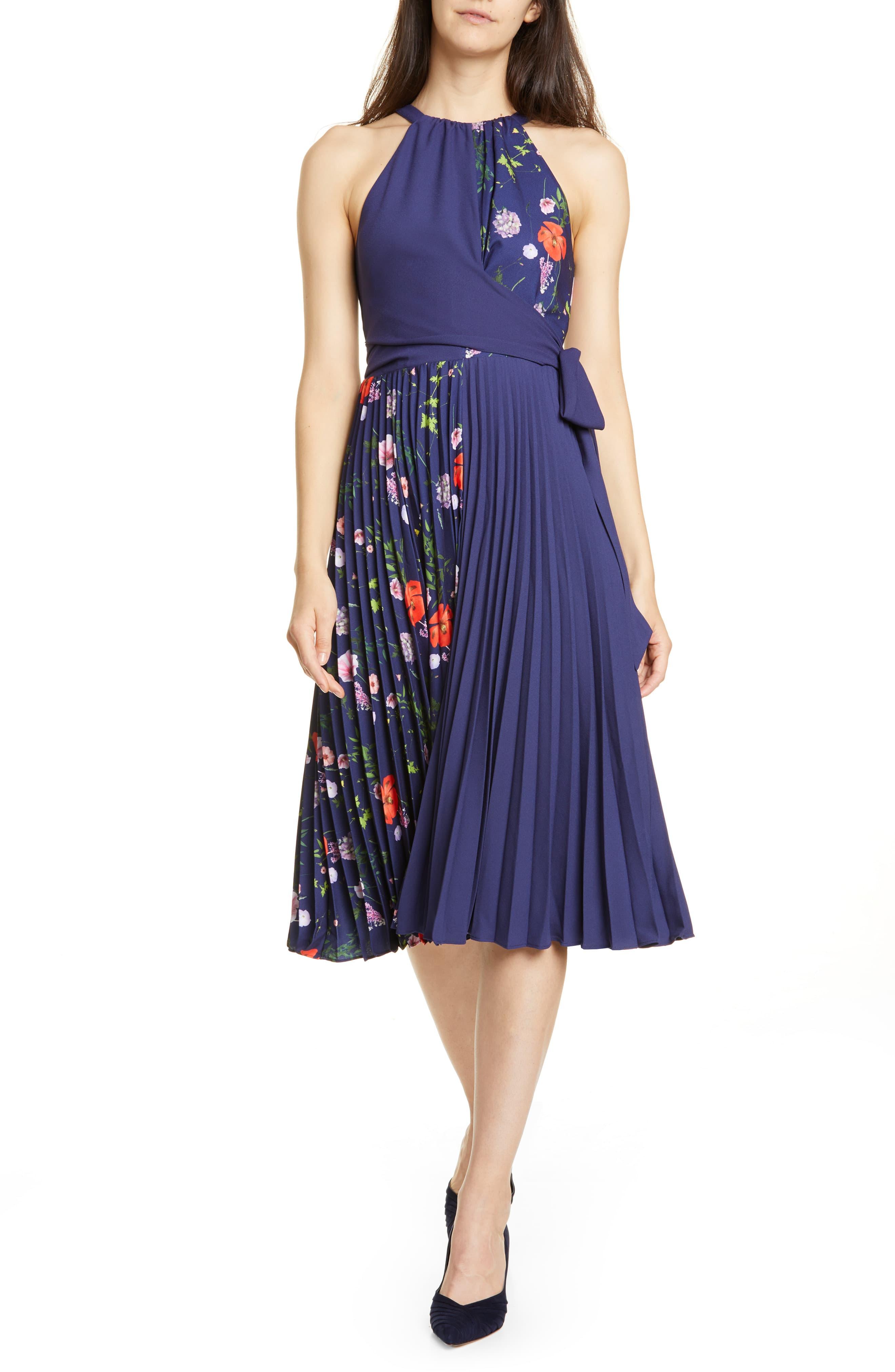 Ted Baker Synthetic Hedgerow Floral Pleated Halter Dress in Dark Blue