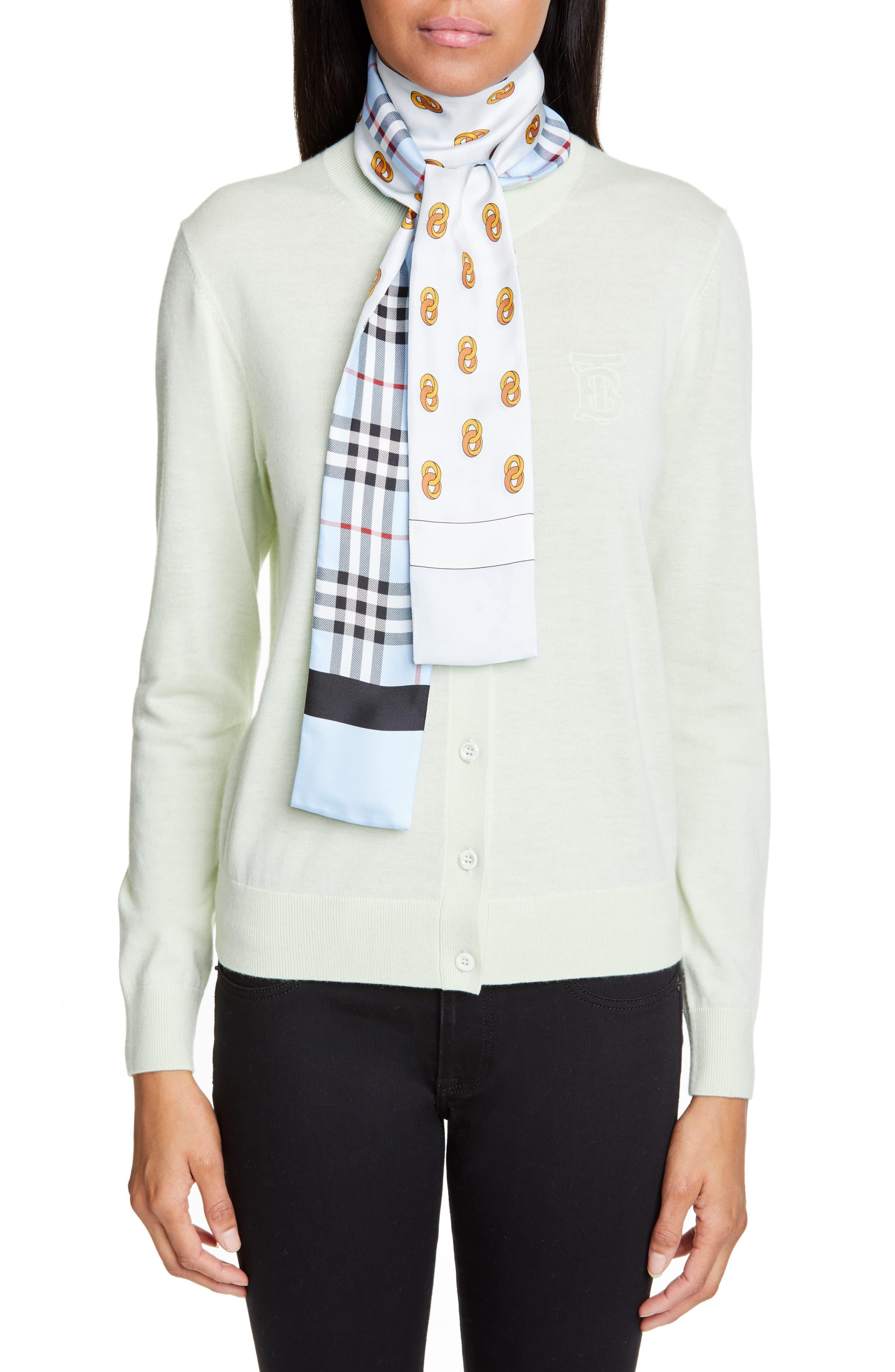 vintage check and logo print silk skinny scarf