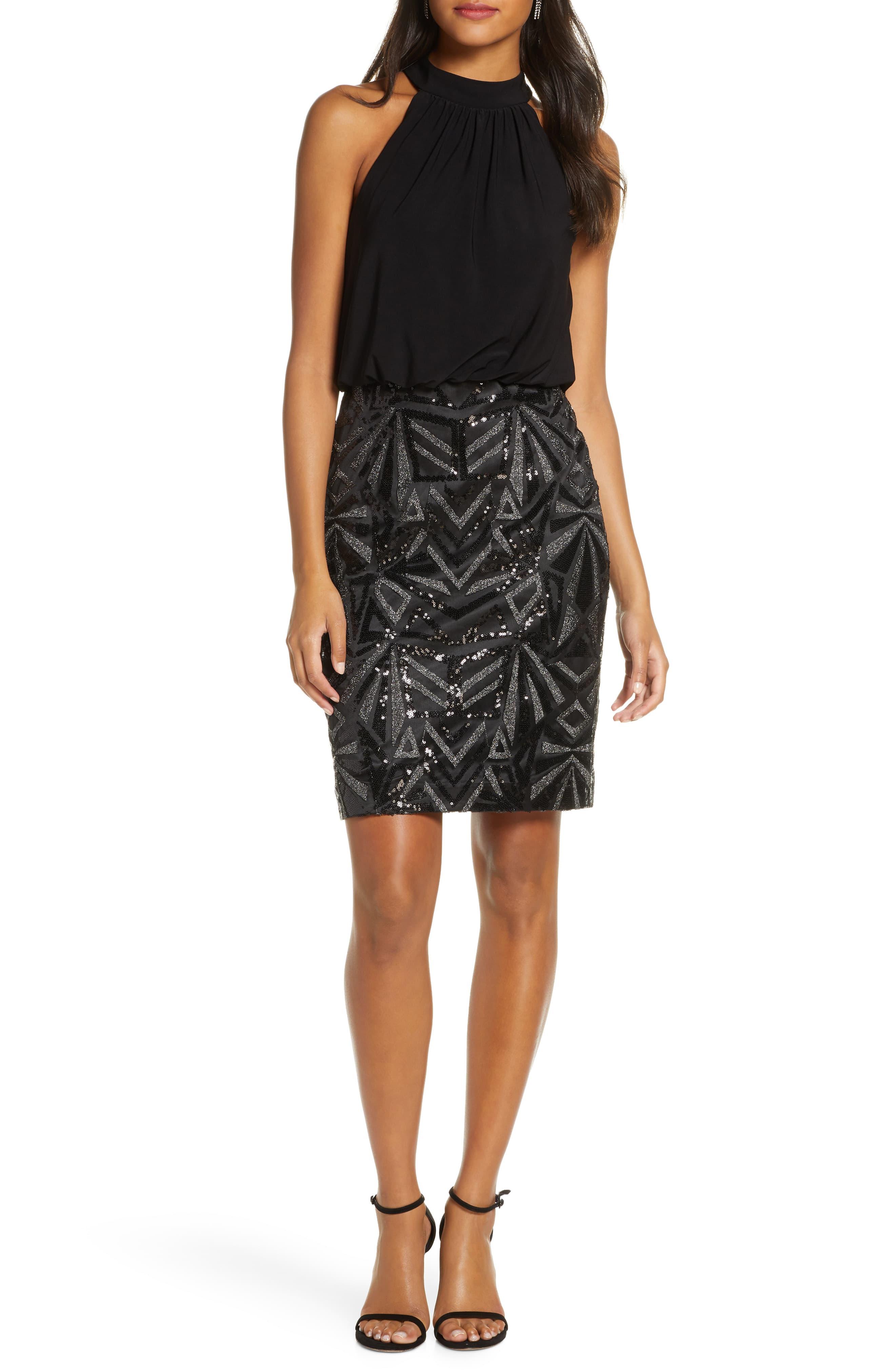 Vince Camuto Halter Neck Geo Embellished Blouson Dress in Black | Lyst