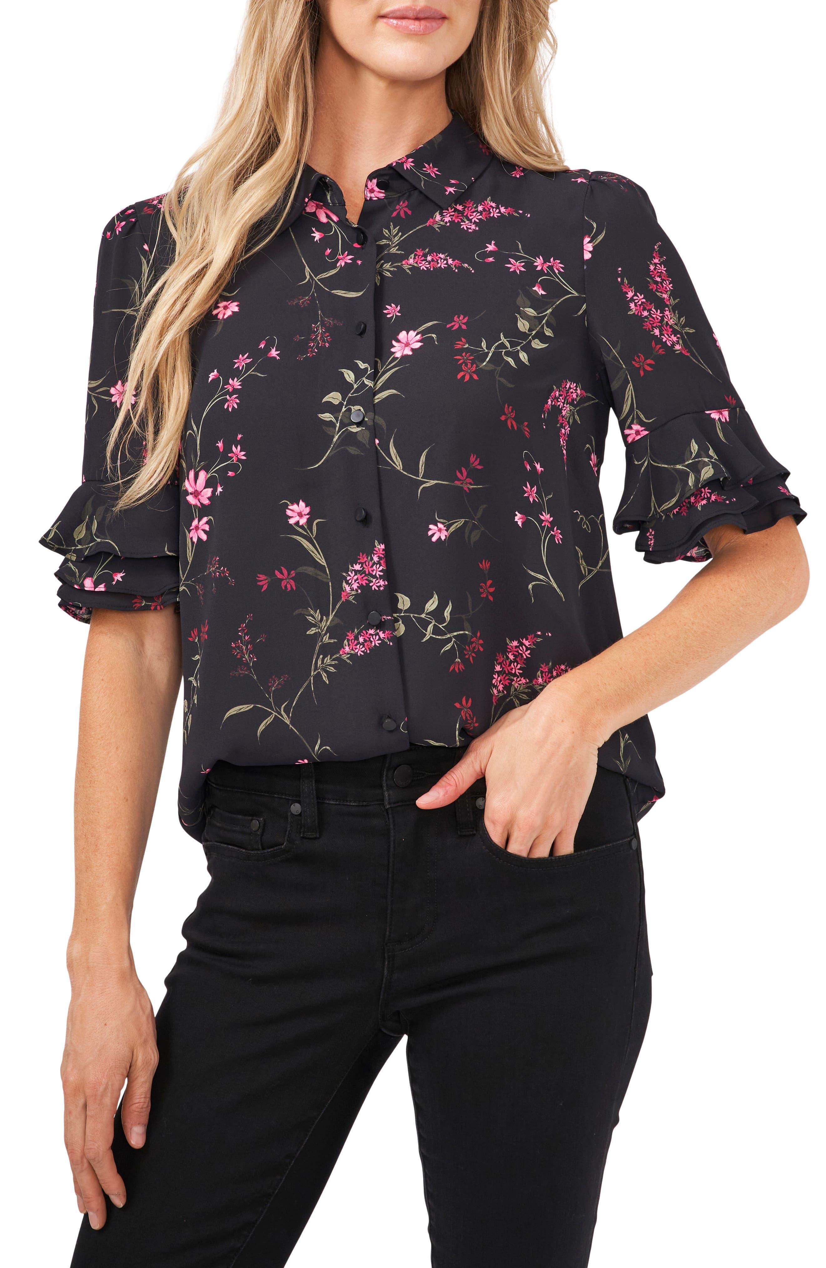 Cece Floral Print Ruffle Sleeve Blouse in Black | Lyst
