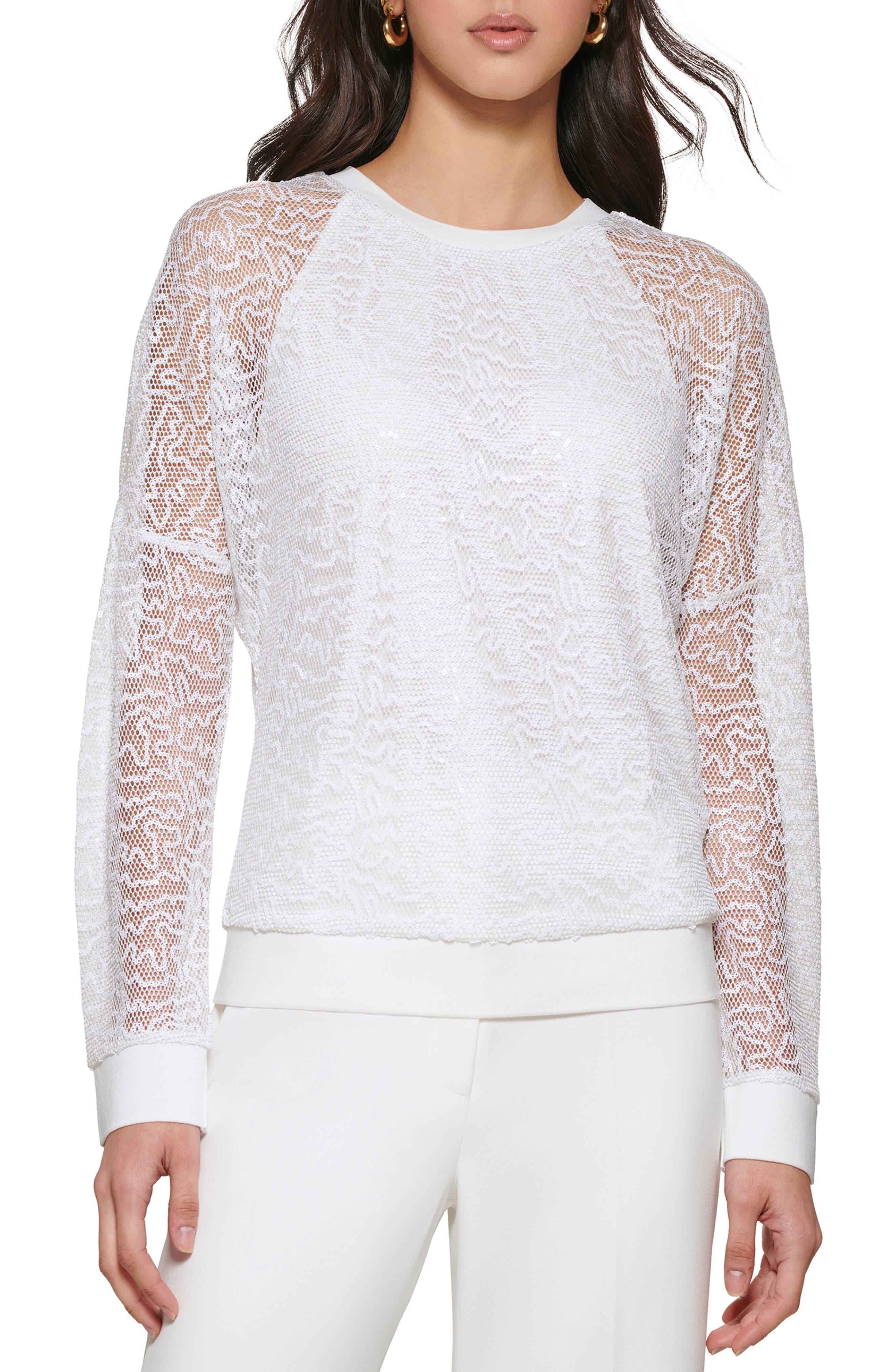 DKNY Sequin Mesh Overlay Crewneck Top in White | Lyst