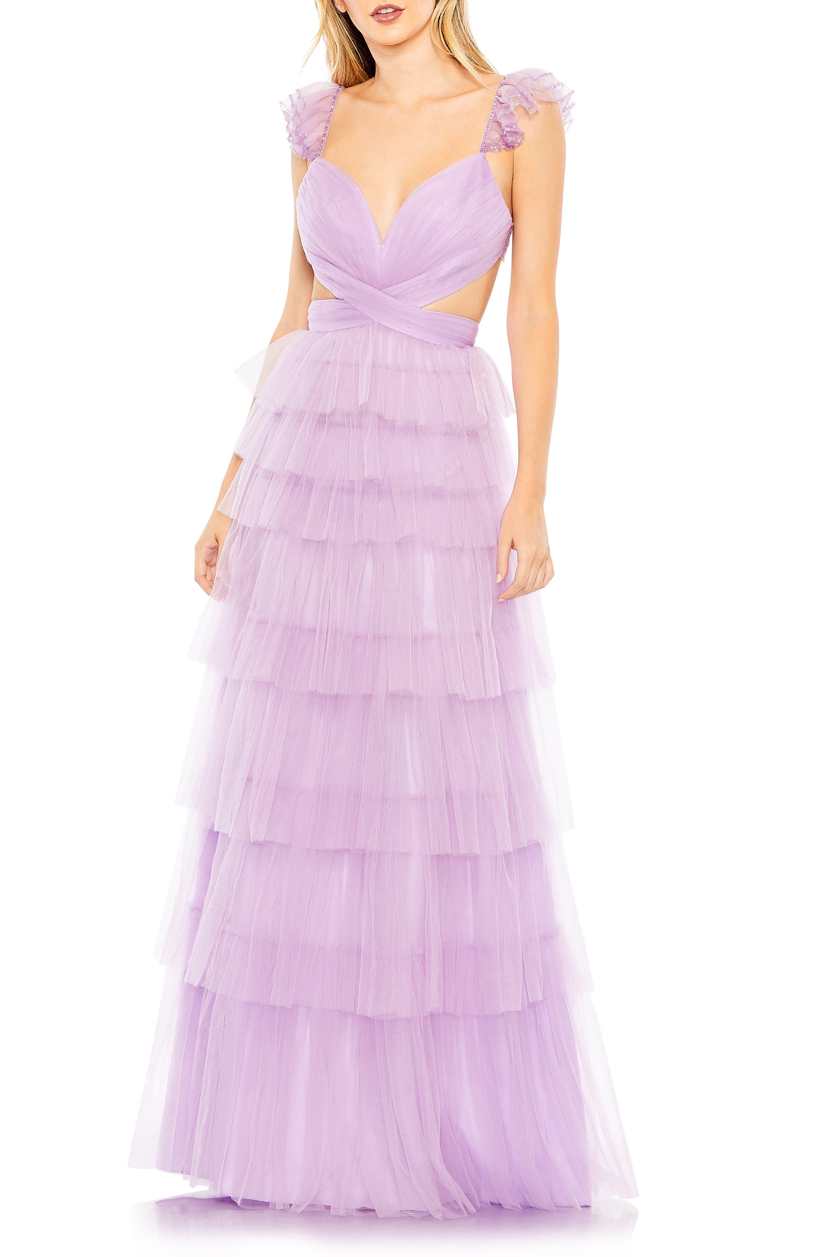 Mac Duggal Tiered Ruffle Cutout Tulle Gown in Purple | Lyst