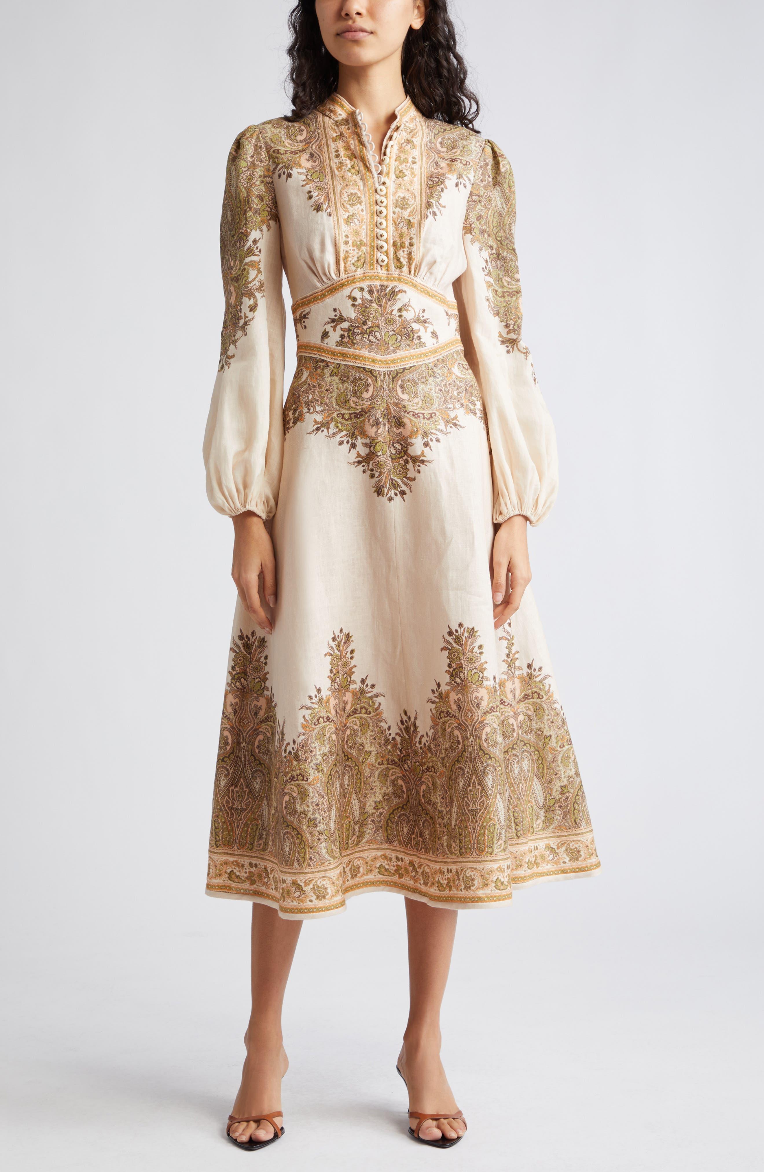 Zimmermann Natura Floral Paisley Long Sleeve Linen Midi Dress in
