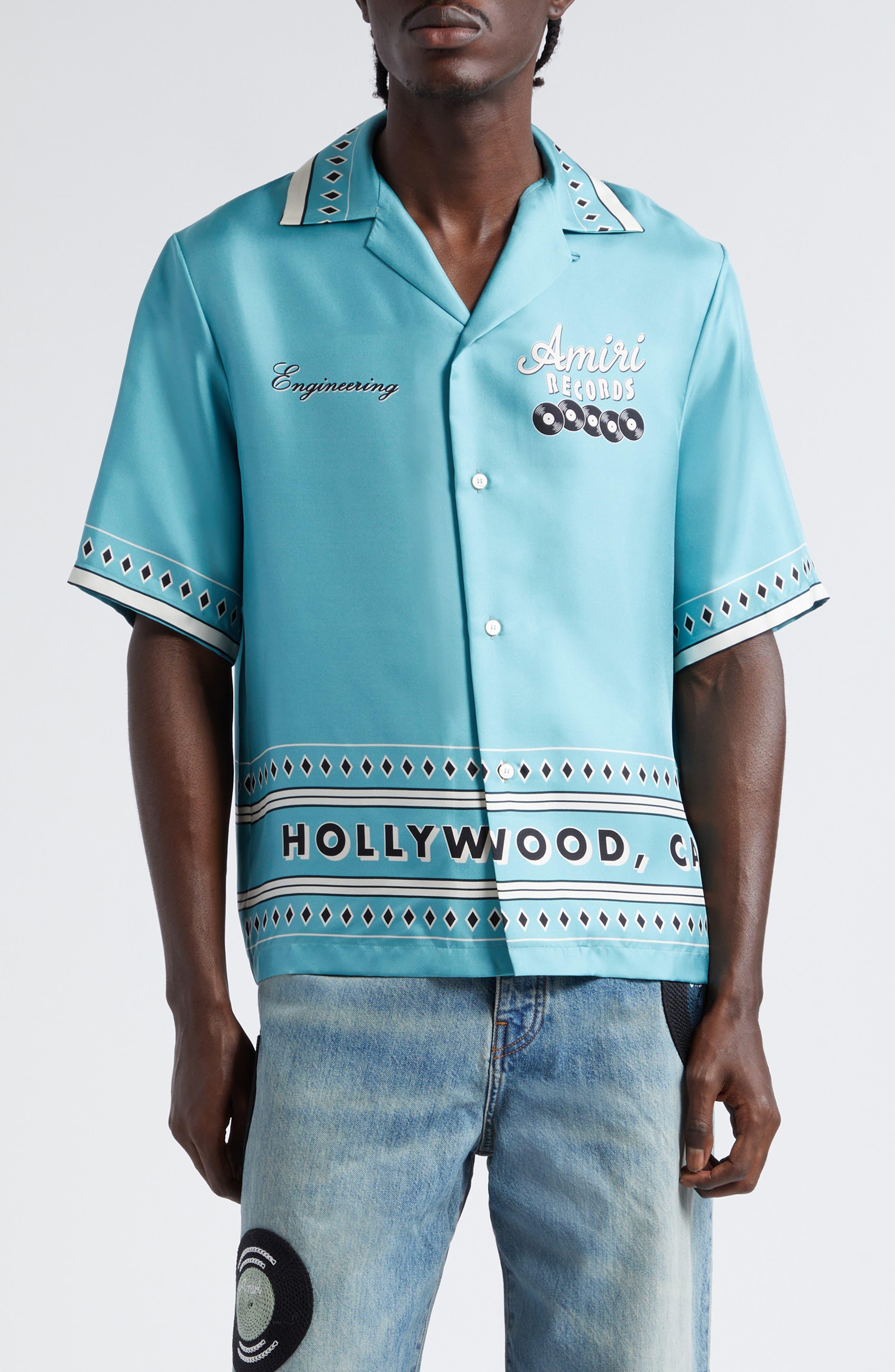 Amiri Record Print Short Sleeve Silk Camp Shirt in Blue for Men | Lyst