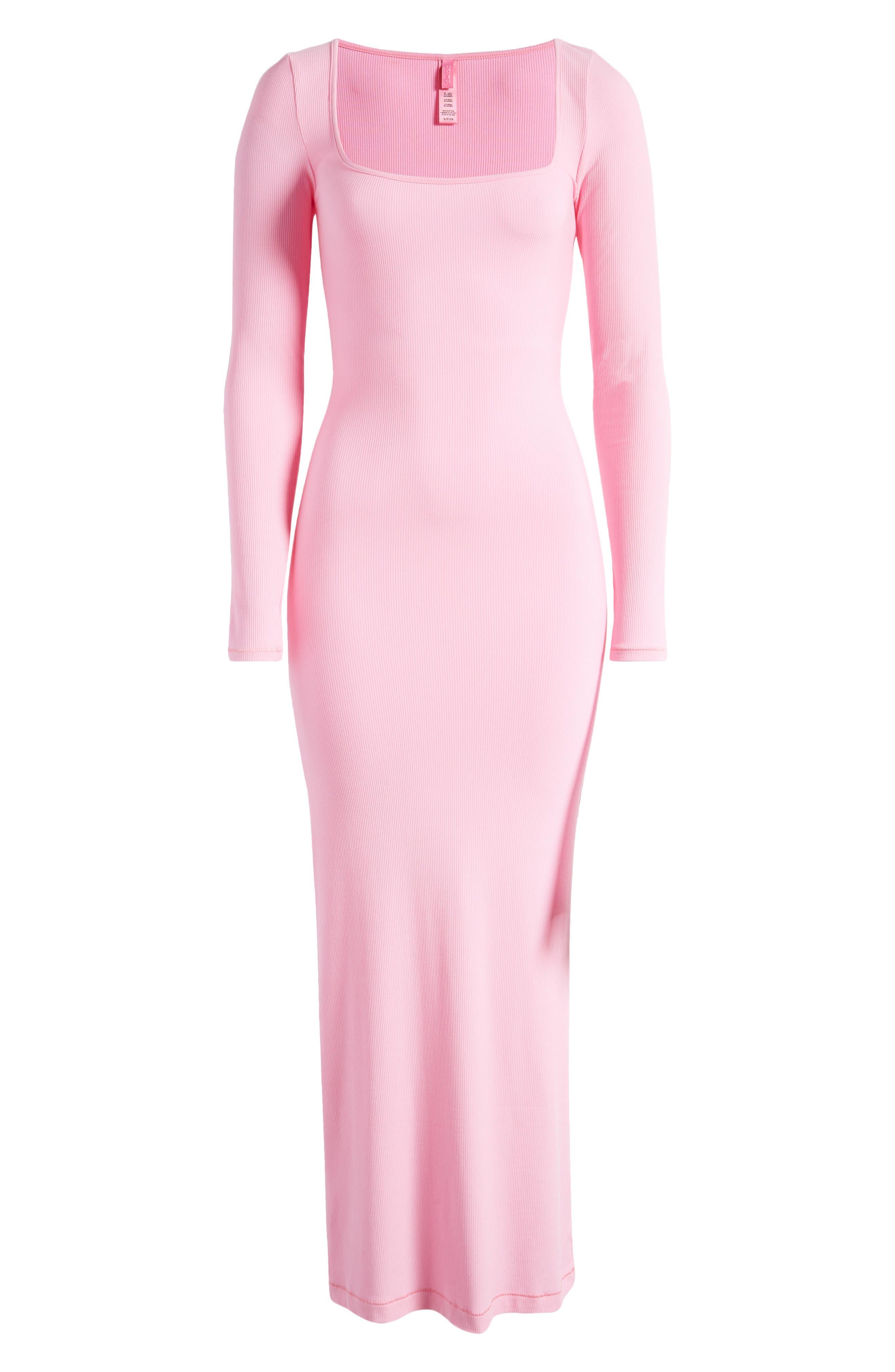 SKIMS SOFT LOUNGE Scoop Neck Long Sleeve Dress Hot Pink Limited M NWT FREE  SHIP!