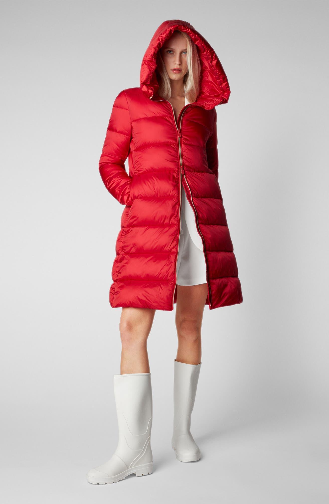 Save The Duck Lysa Quilted Hooded Longline Coat in Red Lyst
