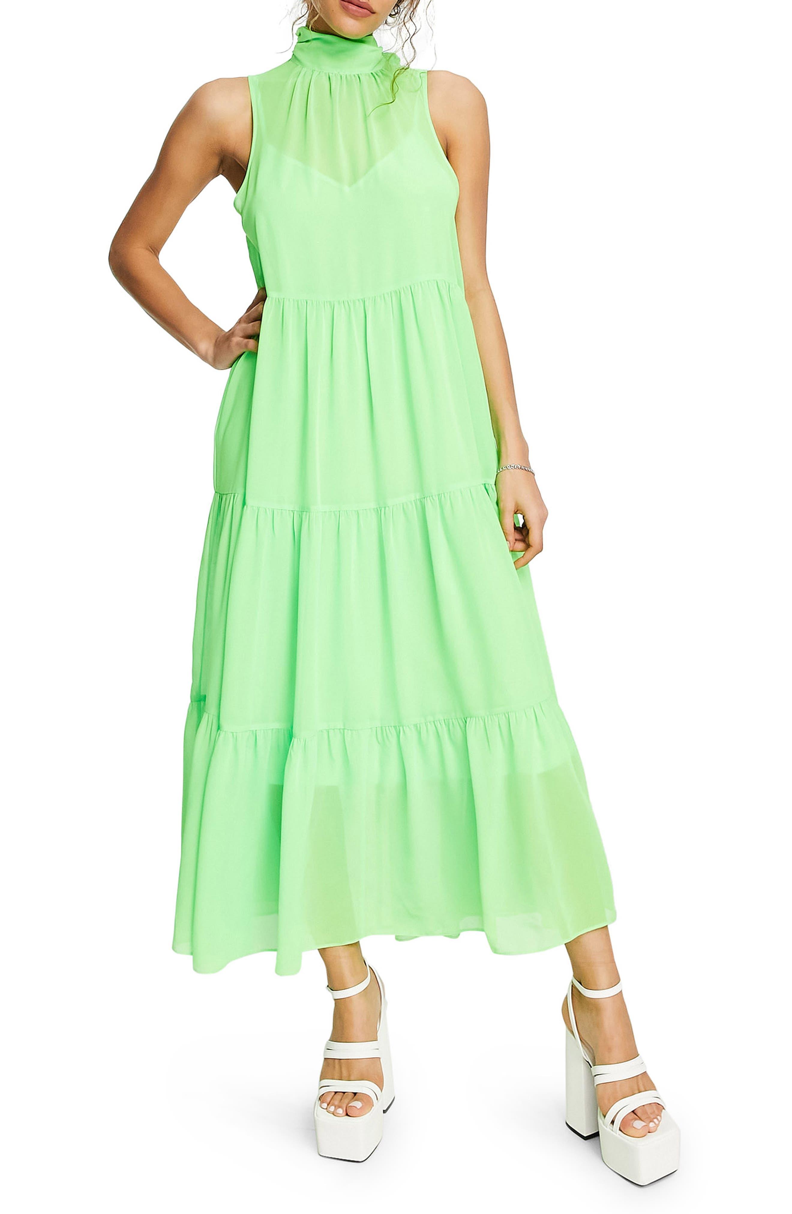 ASOS Tiered Chiffon Midi Dress in Green Lyst