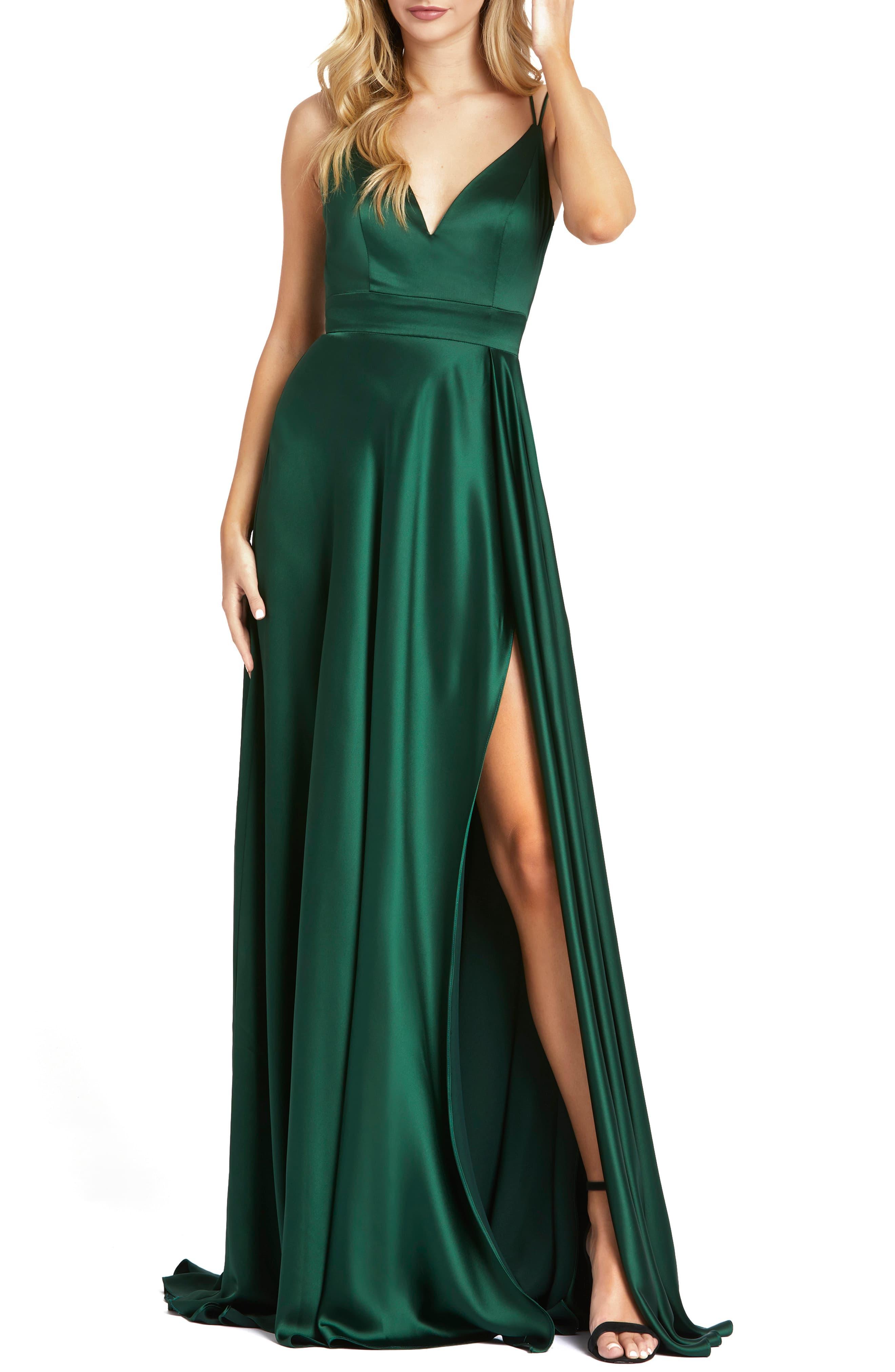 Mac Duggal Strappy Back Satin Gown in Bottle Green (Green) - Lyst