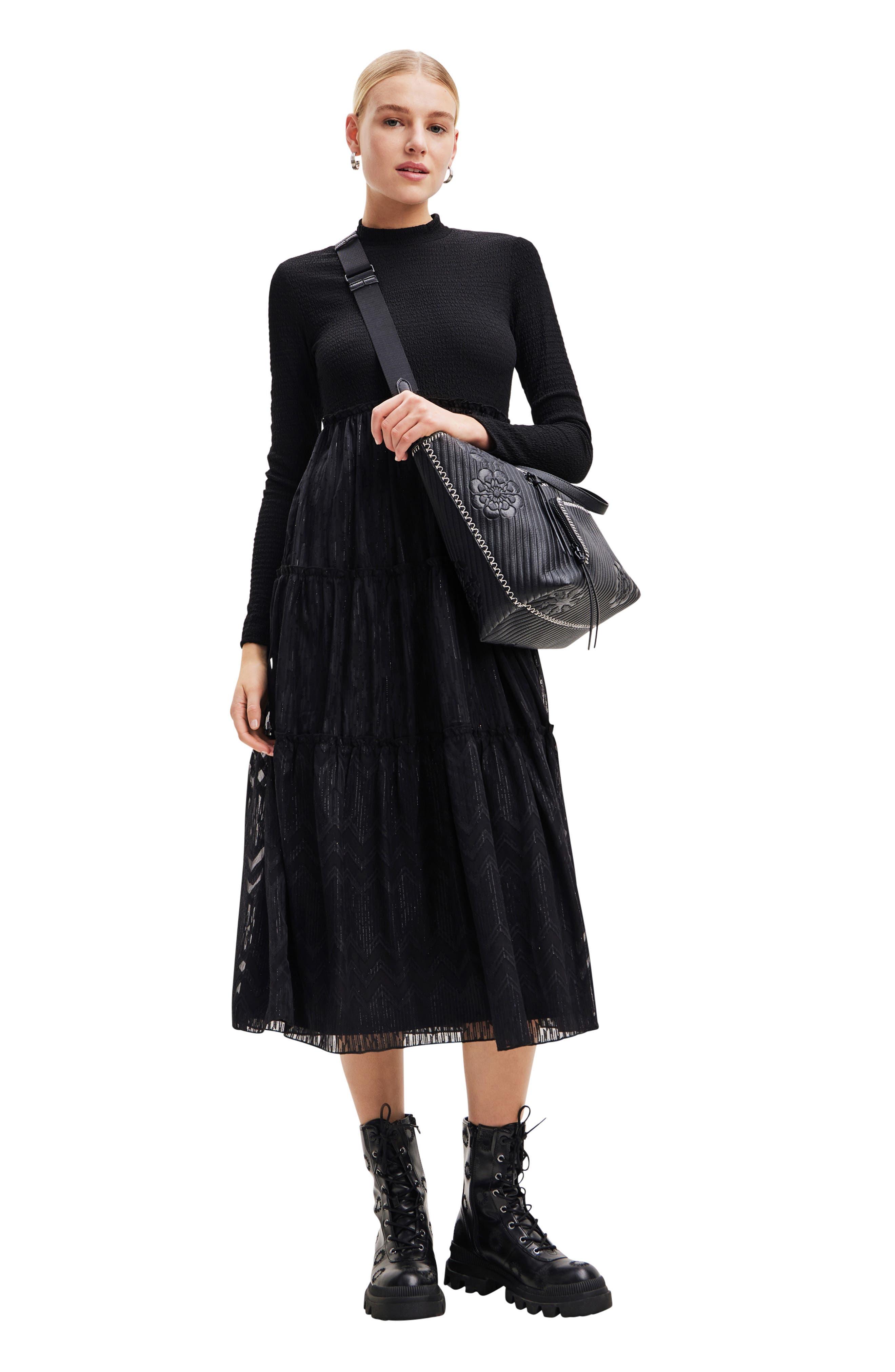 Desigual Misha Metallic Long Sleeve A-line Dress in Black | Lyst