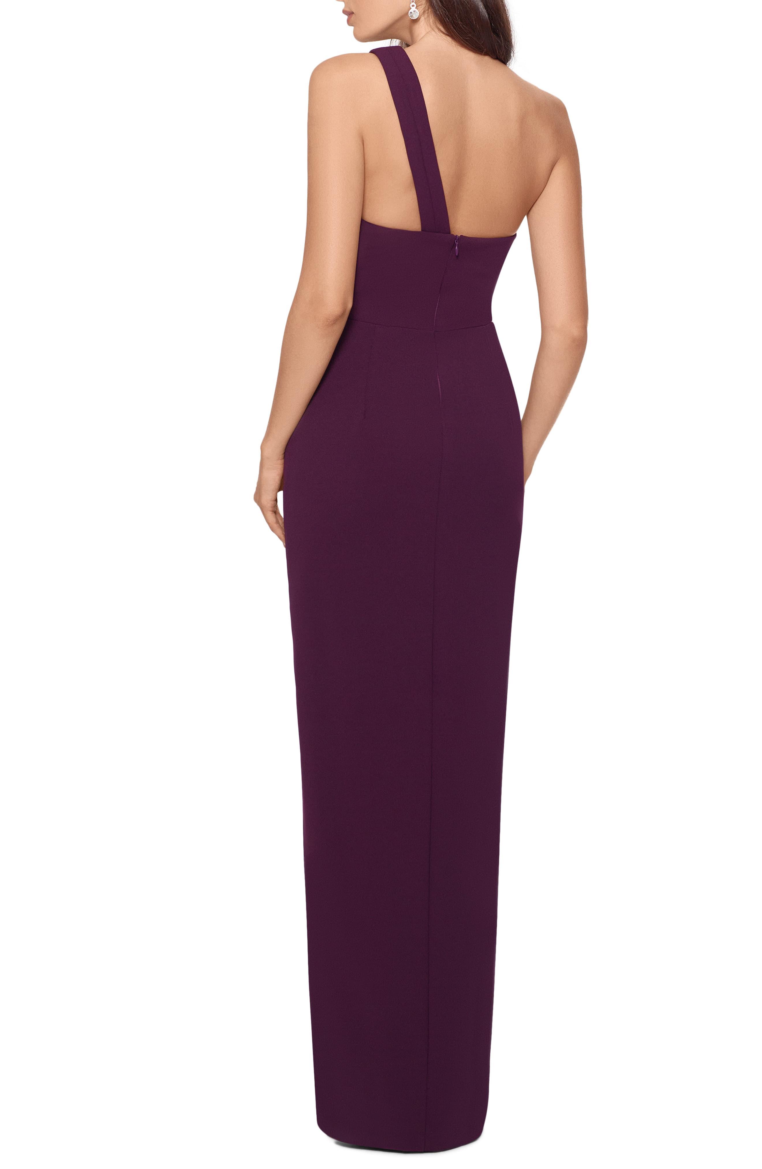 xscape side ruched double strap crepe gown