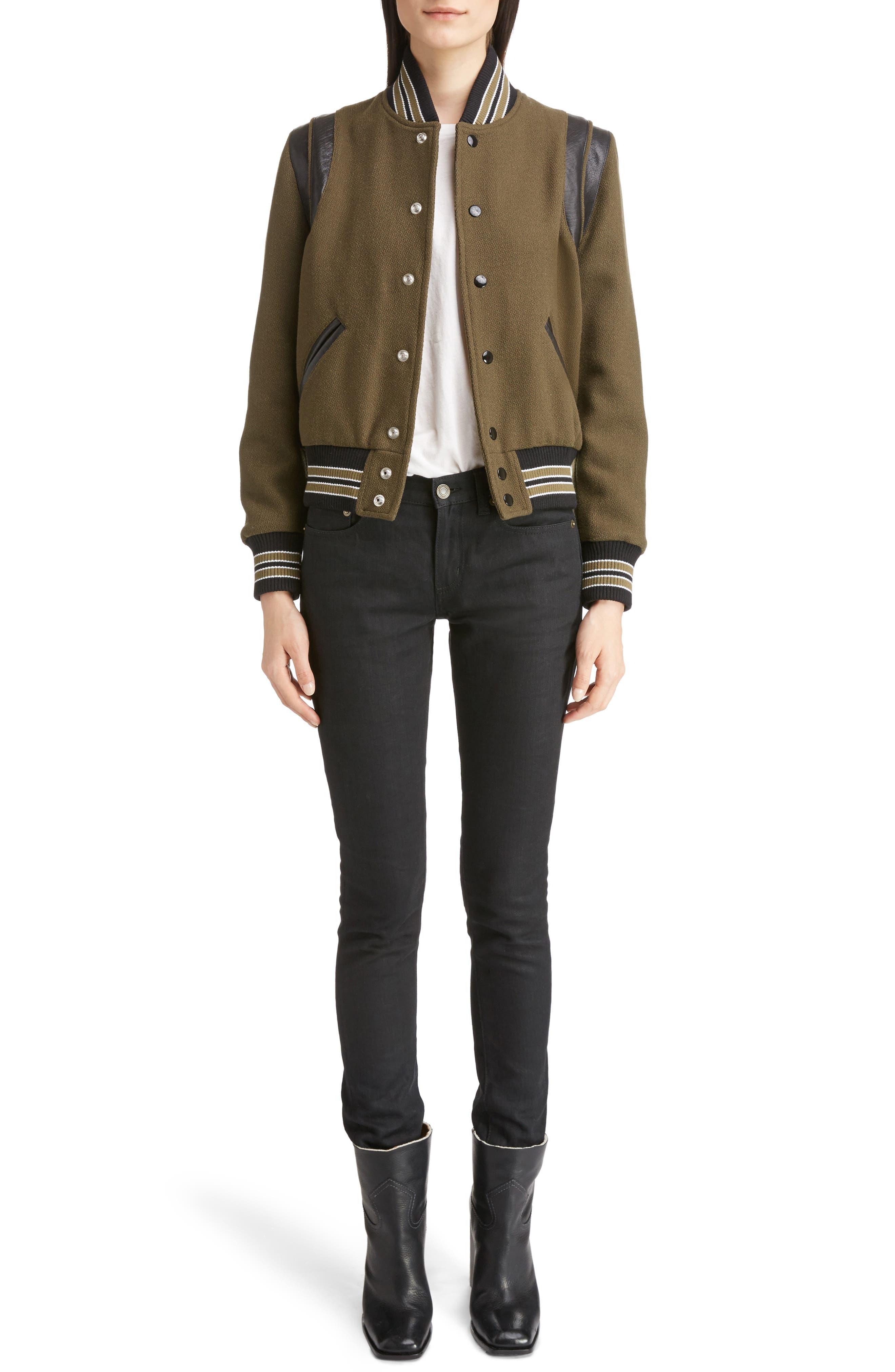 Saint Laurent Leather Trim Classic Teddy Jacket in Brown