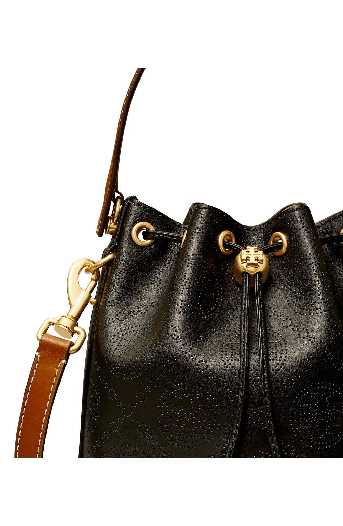 Tory Burch Mini T Monogram Perforated Leather Bucket Bag in Black