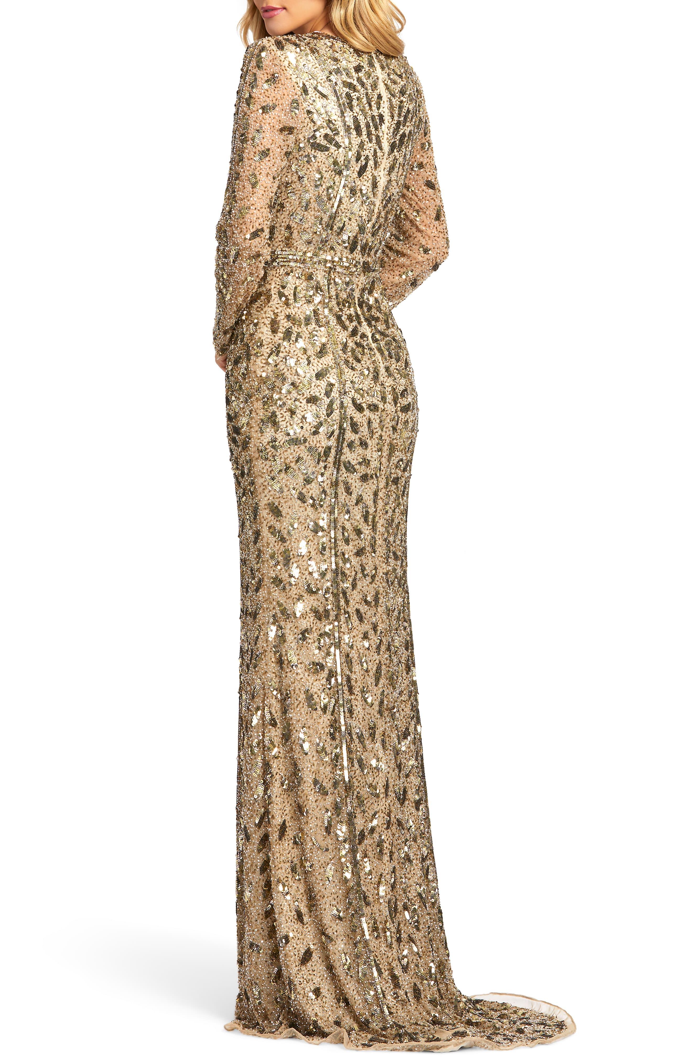 Mac Duggal Embellished Long Sleeve Evening Gown in Antique Gold