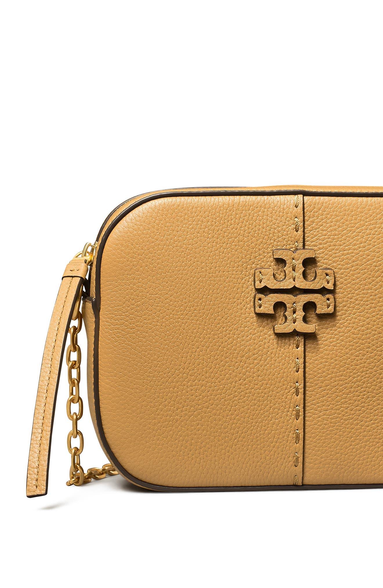 AUTH NWT TORY BURCH McGraw Camera Tassels Pebbled Leather Crossbody In Brie