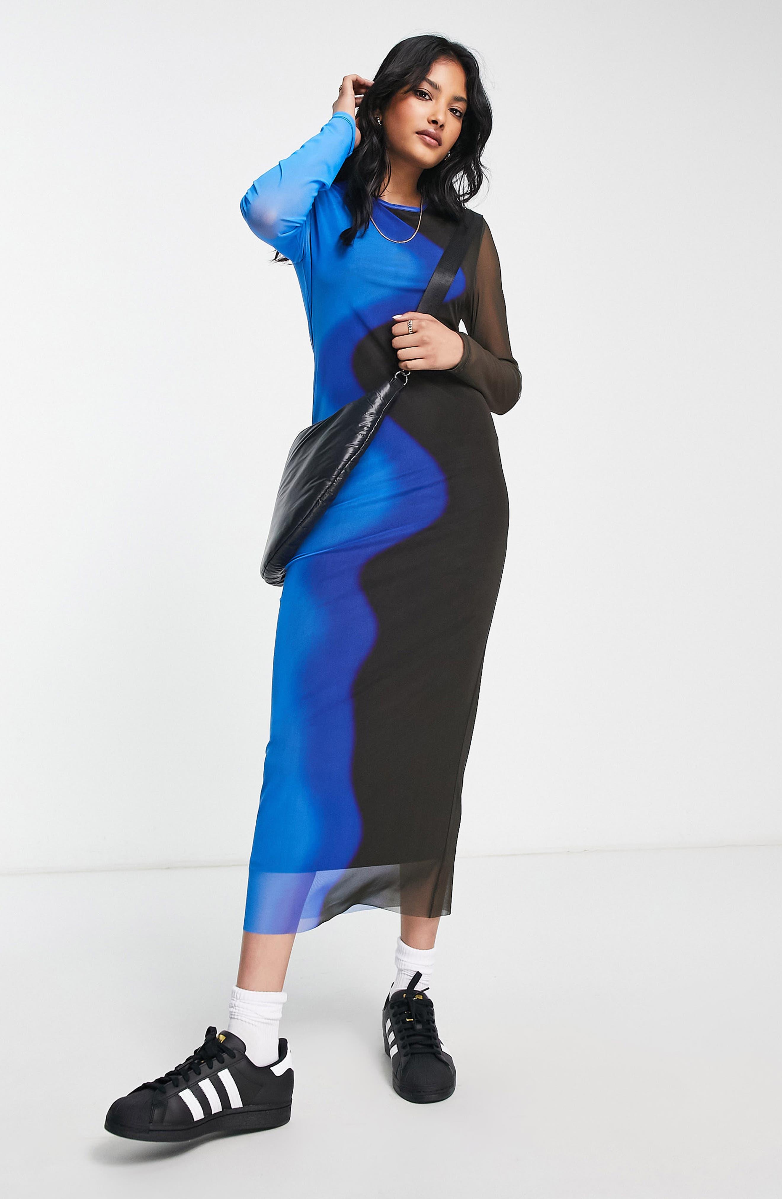 TOPSHOP Colorblock Mesh Long Sleeve Midi Dress in Blue | Lyst