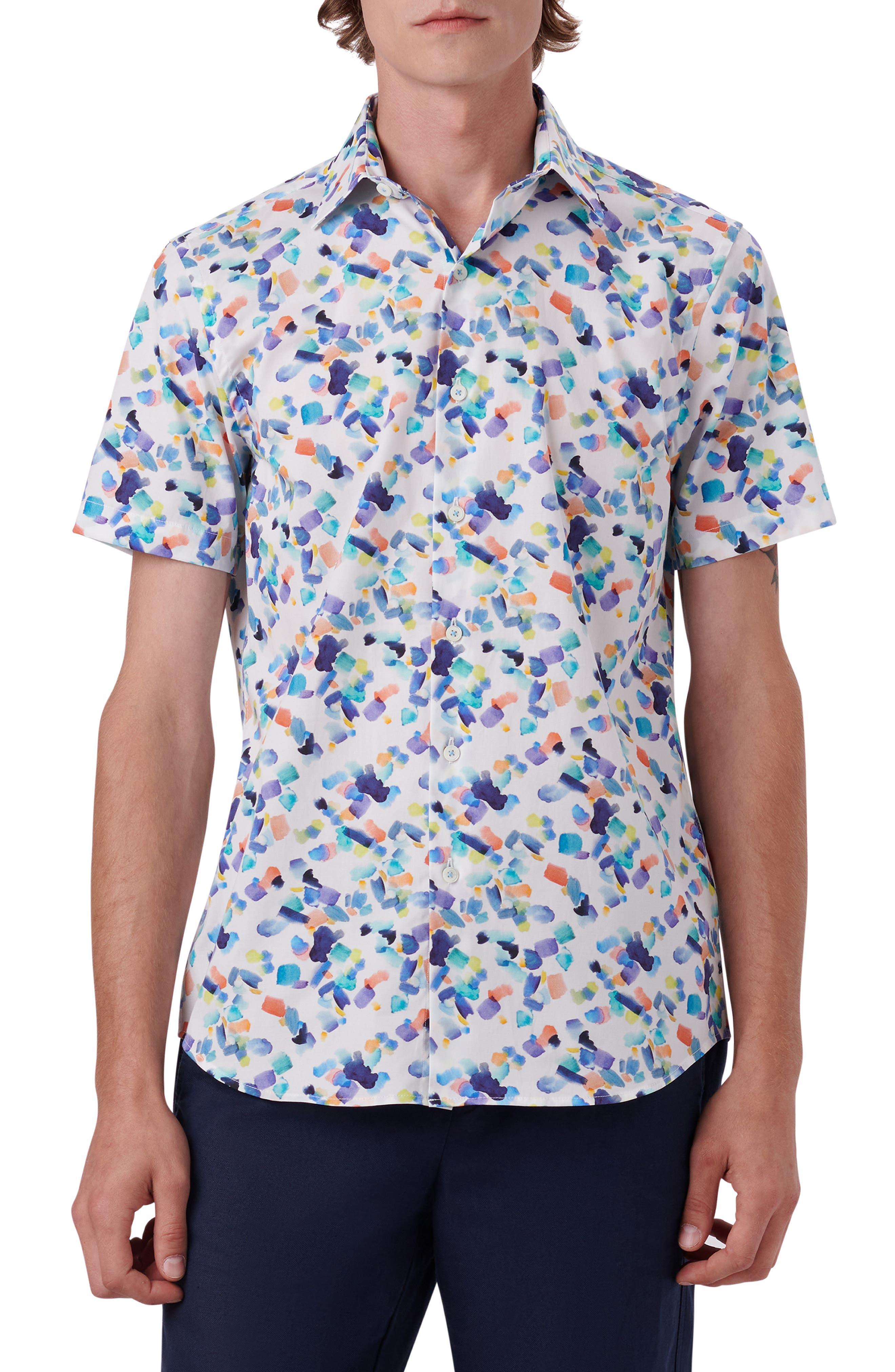 Bugatchi Abstract Print Short Sleeve Stretch Cotton Shirt in Blue for ...