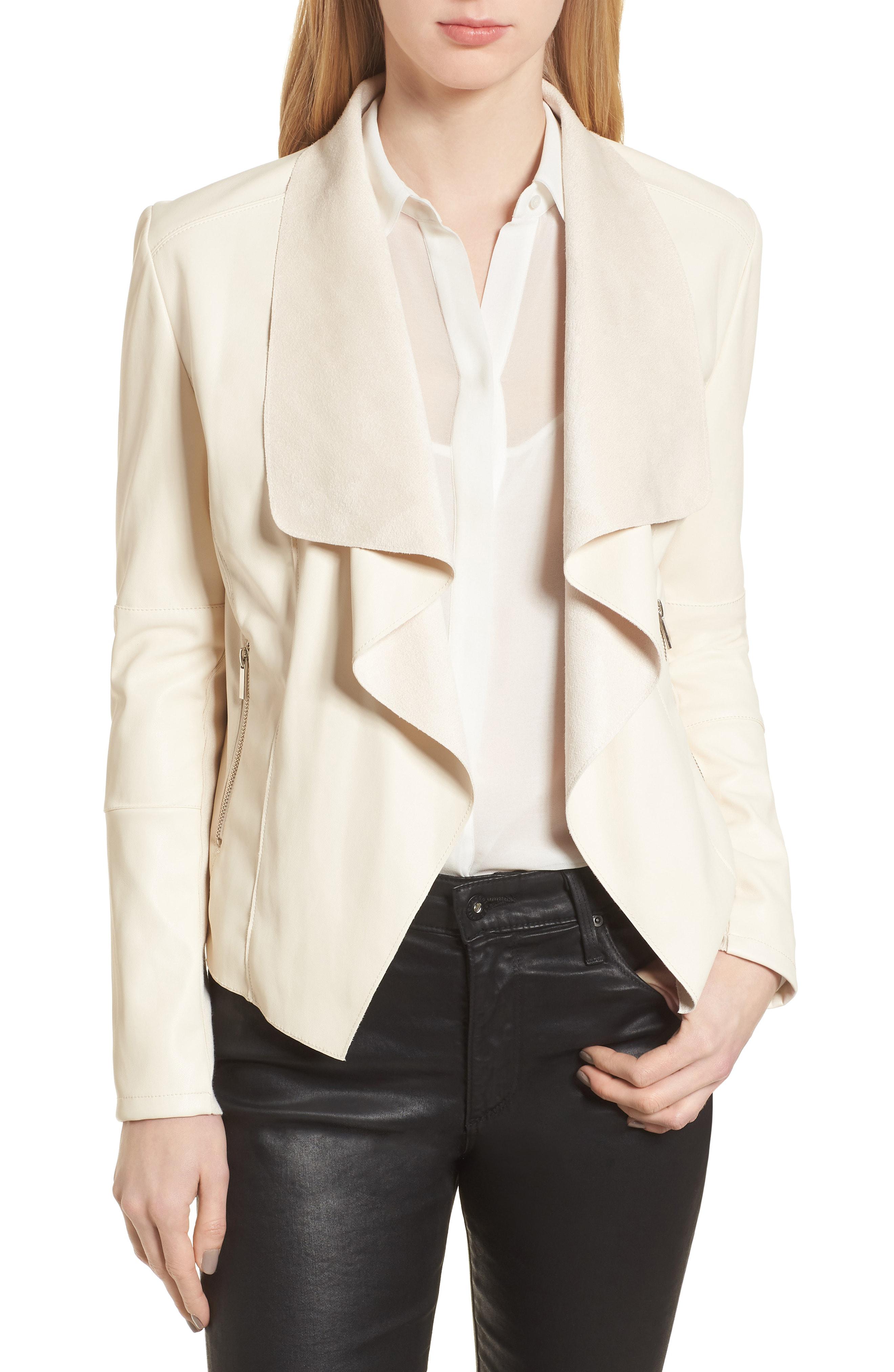Bagatelle Drape Faux Leather Faux Suede Jacket In Cream Natural