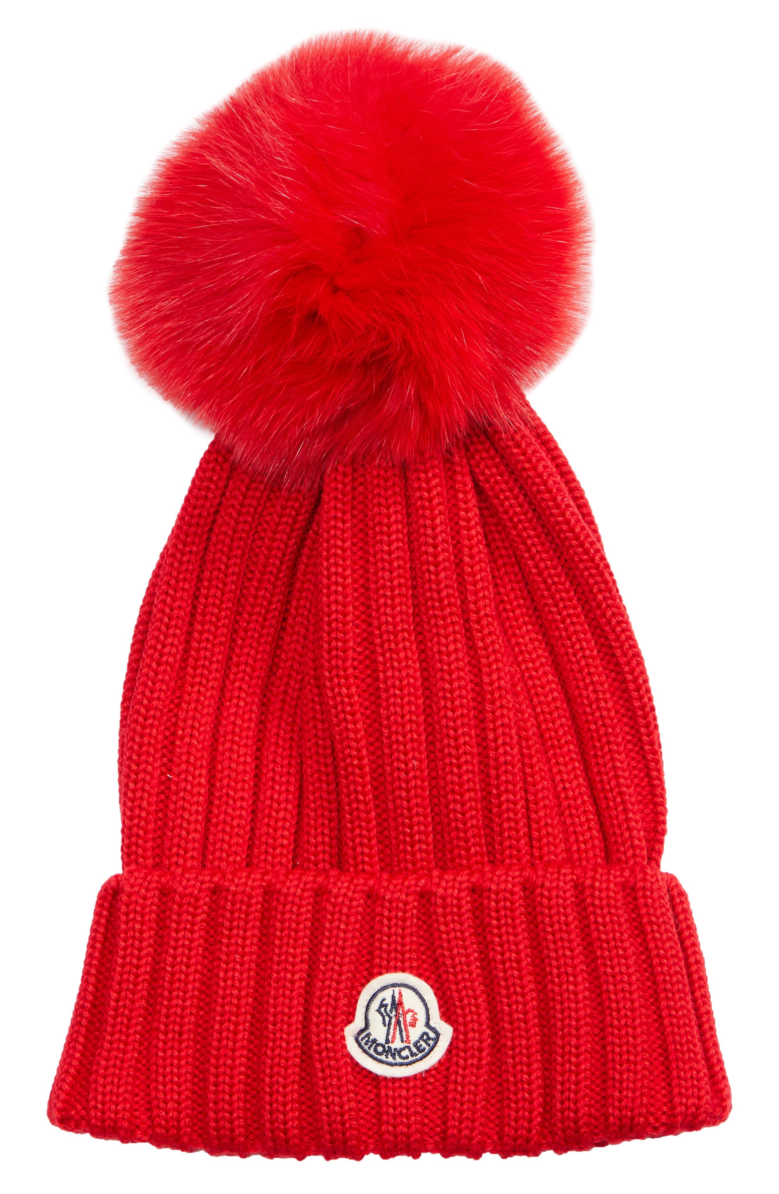 Moncler Fur Pom-pom Logo Knit Beanie in Red | Lyst