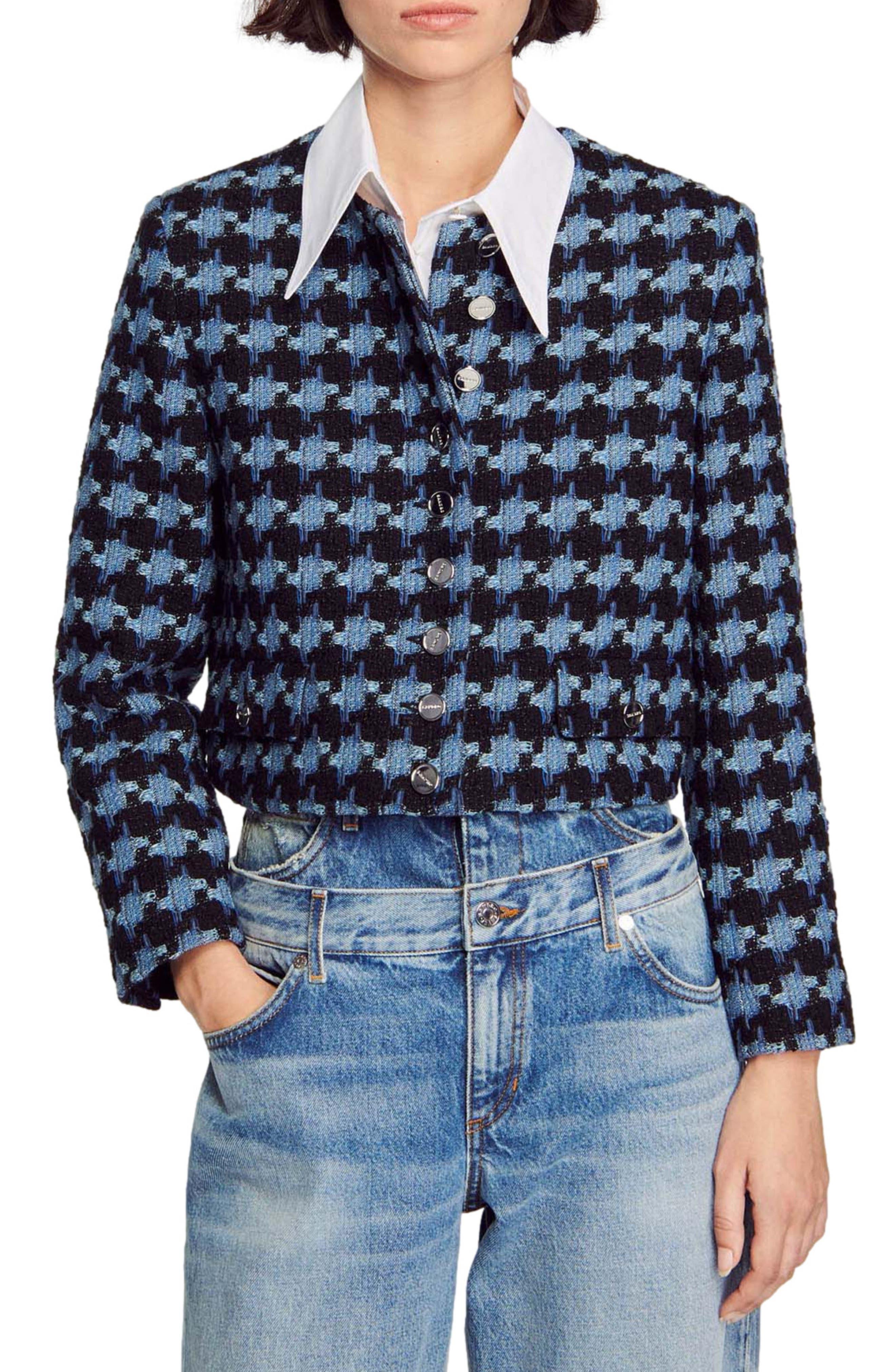 Sandro Boulogne Houndstooth Tweed Crop Jacket in Blue | Lyst