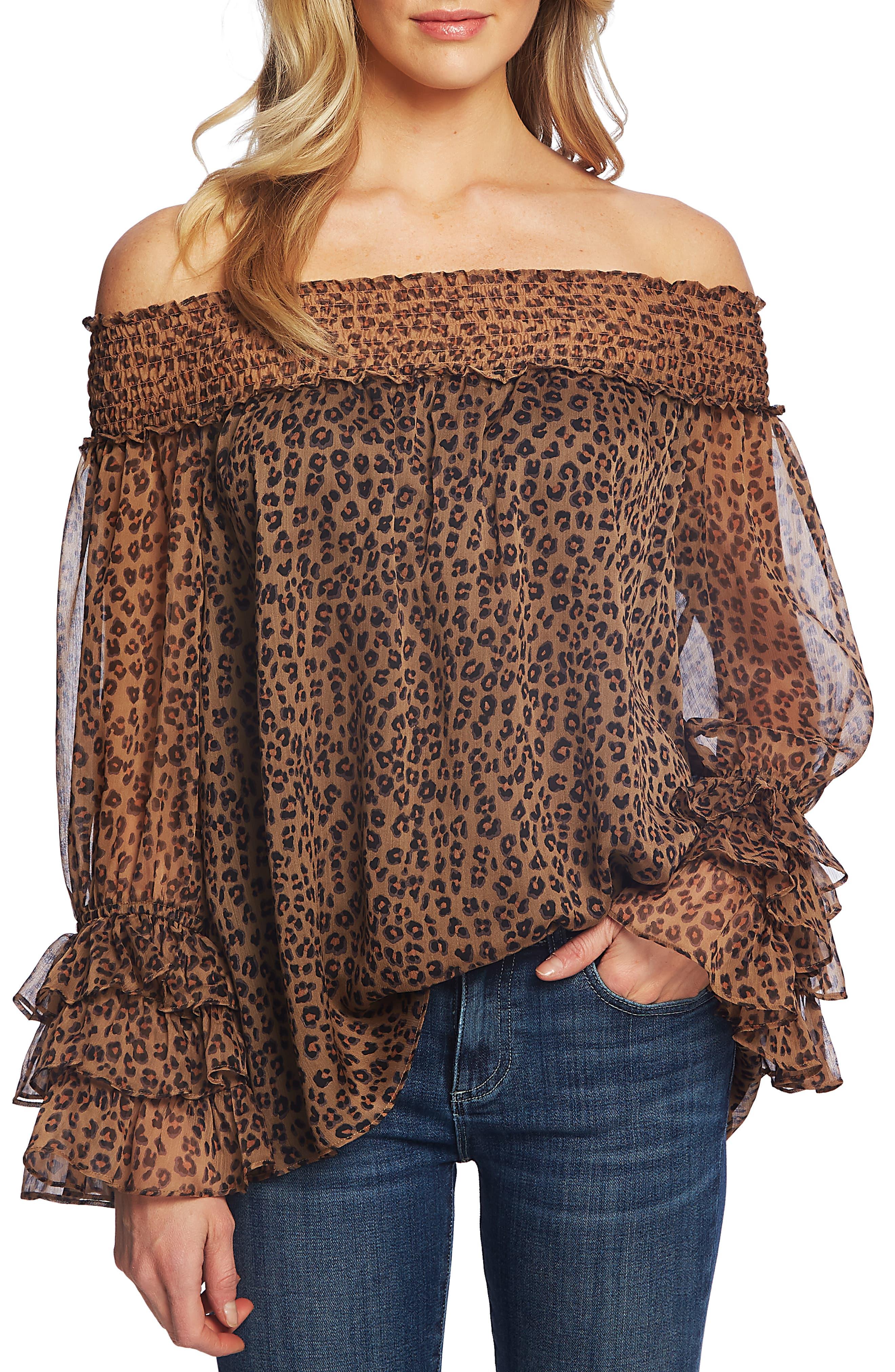 Cece Offtheshoulder Long Sleeve Ruffle Detail Smocked Leopard Print