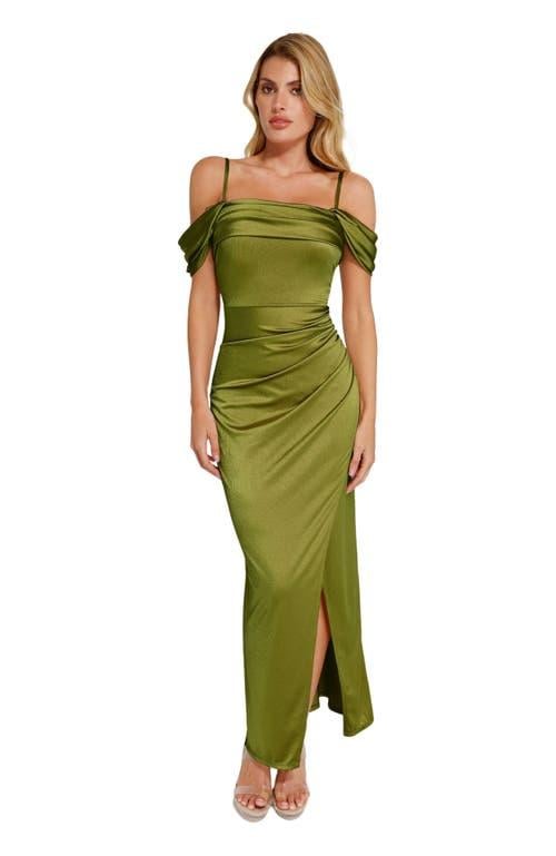 shapewear off shoulder shine ruched sculpting maxi dress Popilush Liquid Metallic Fabric Off Shoulder Shine Ruched Sculpting Maxi  Shapewear Dress in Green