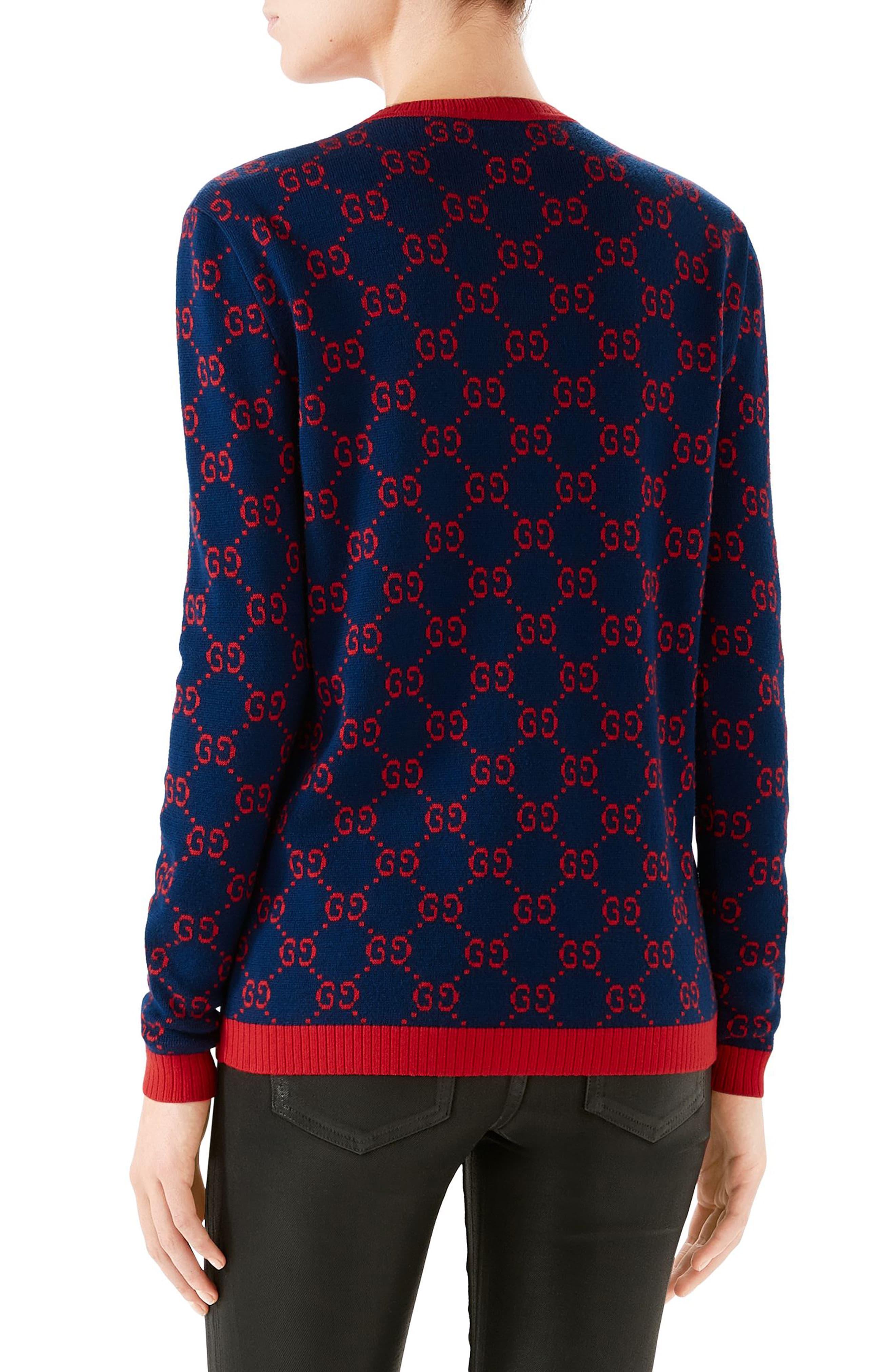 Gucci Cotton Gg Logo Jacquard Sweater in Blue/ Red (Blue) Lyst