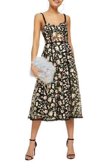 TOPSHOP Floral Corset Midi Dress in Black | Lyst