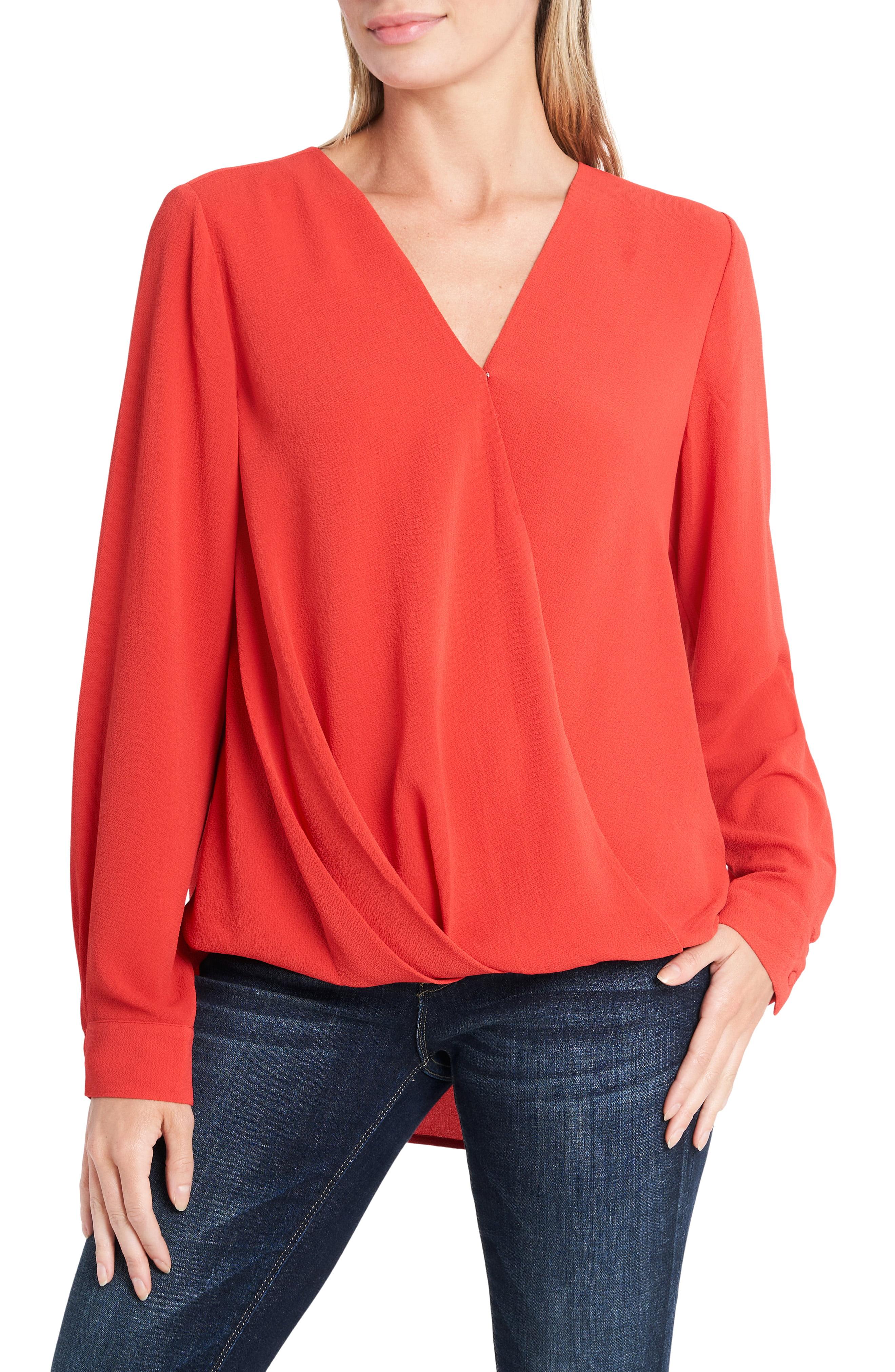 Vince Camuto Long Sleeve Faux Wrap Blouse in Red - Lyst
