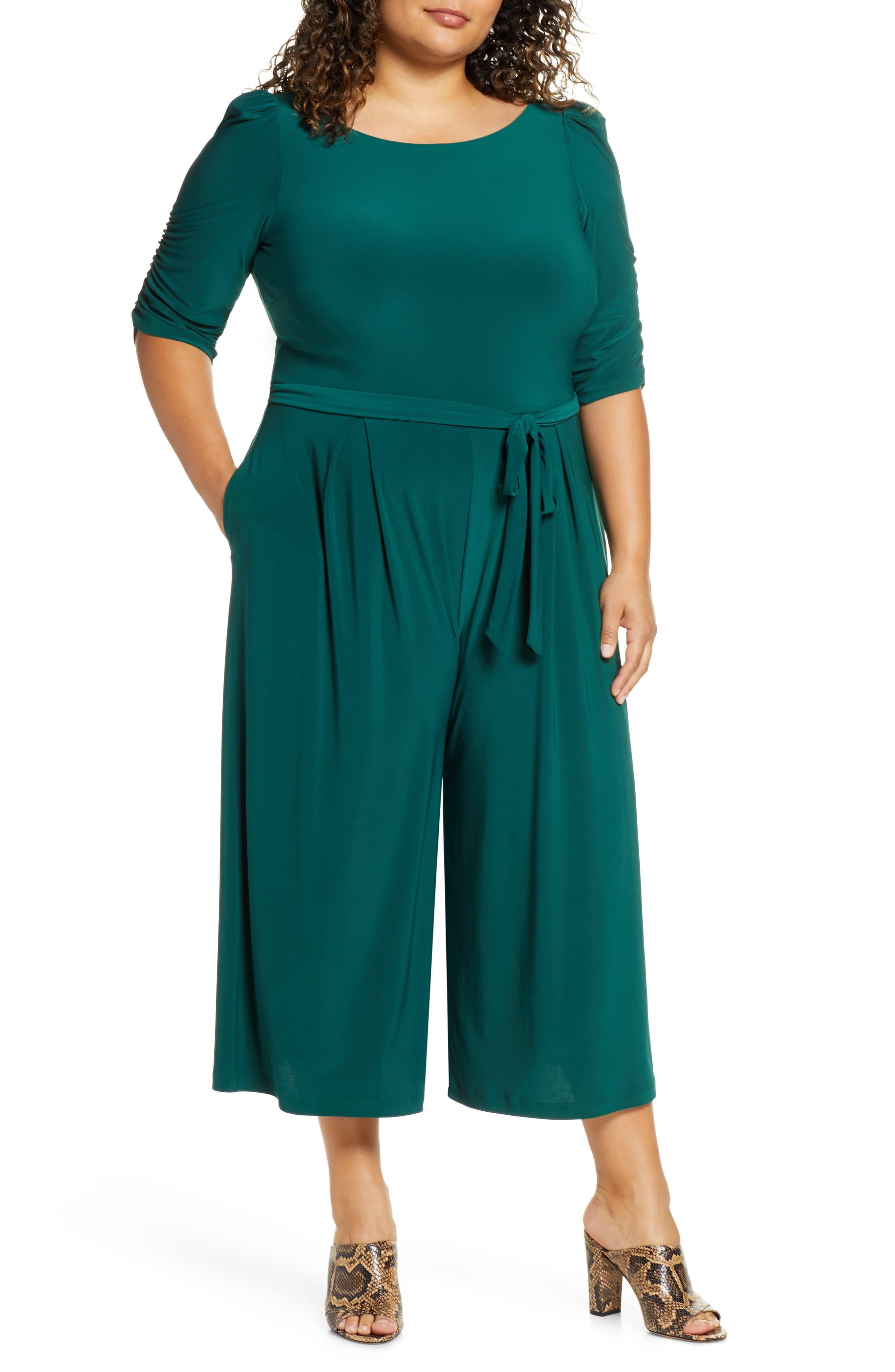Eliza J Ruched Sleeve Wide Leg Crop Jumpsuit in Green - Lyst