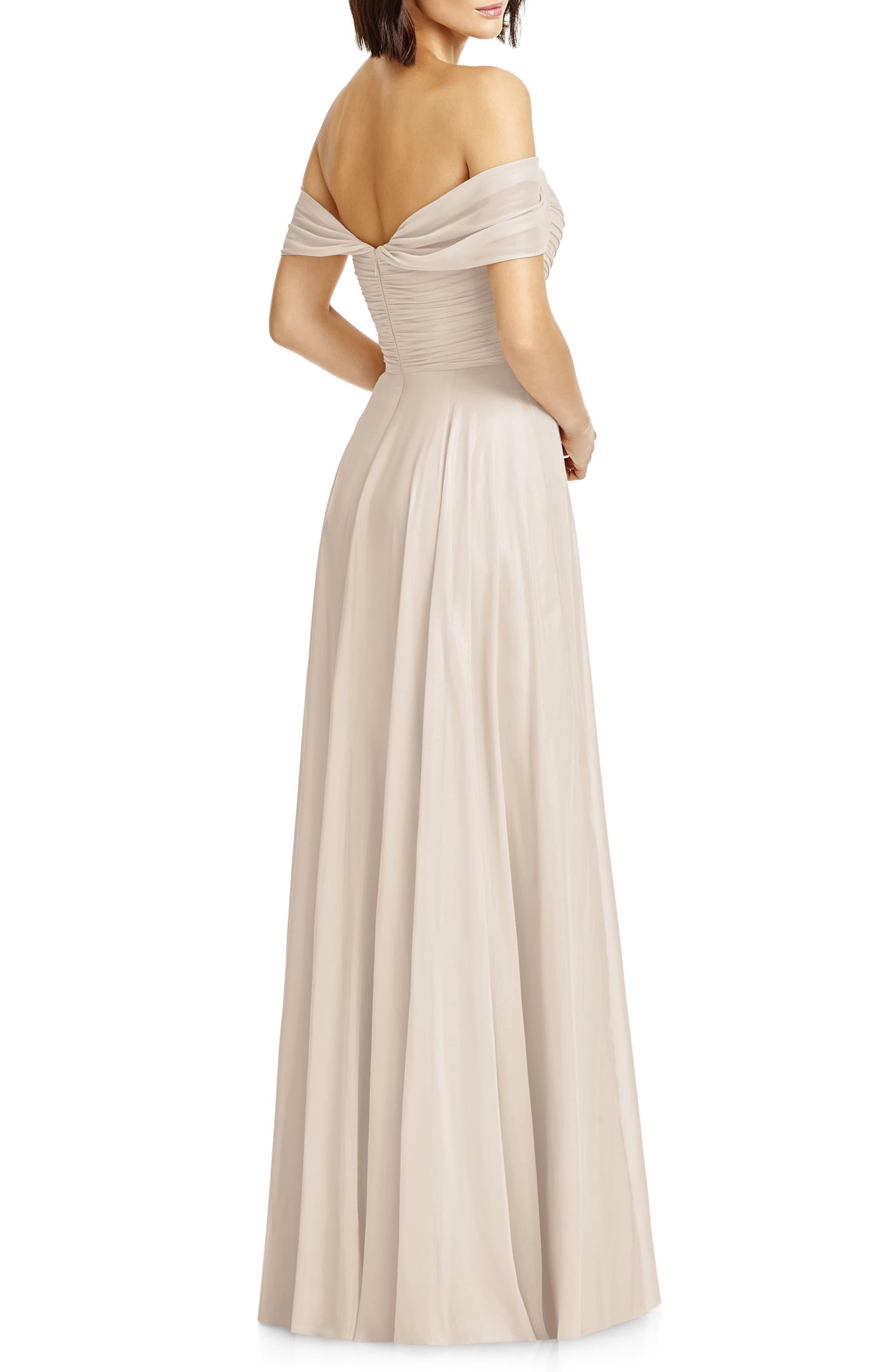 lux ruched off the shoulder chiffon gown