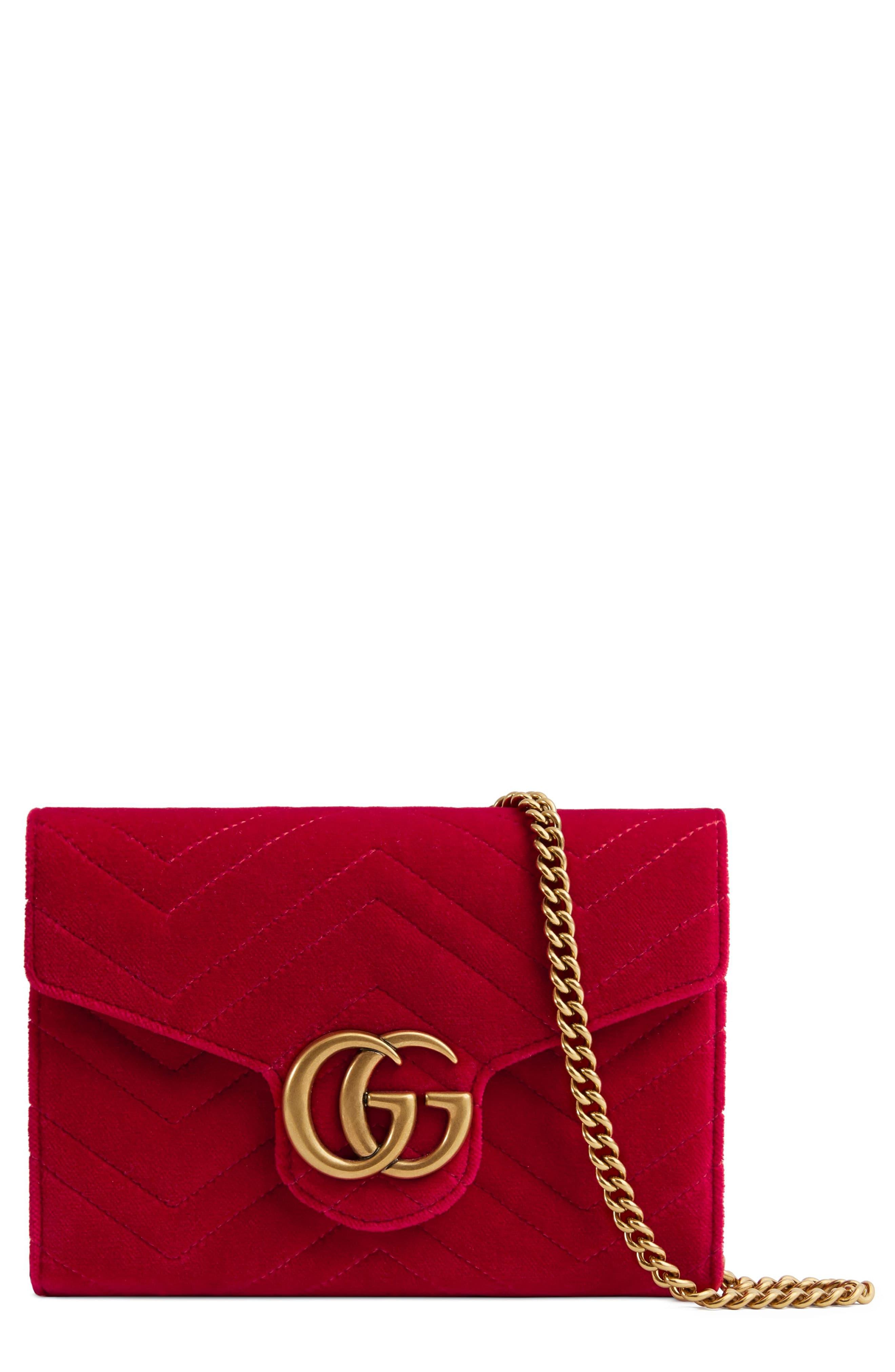 Gucci Velvet GG Marmont Chain Wallet in Red - Lyst
