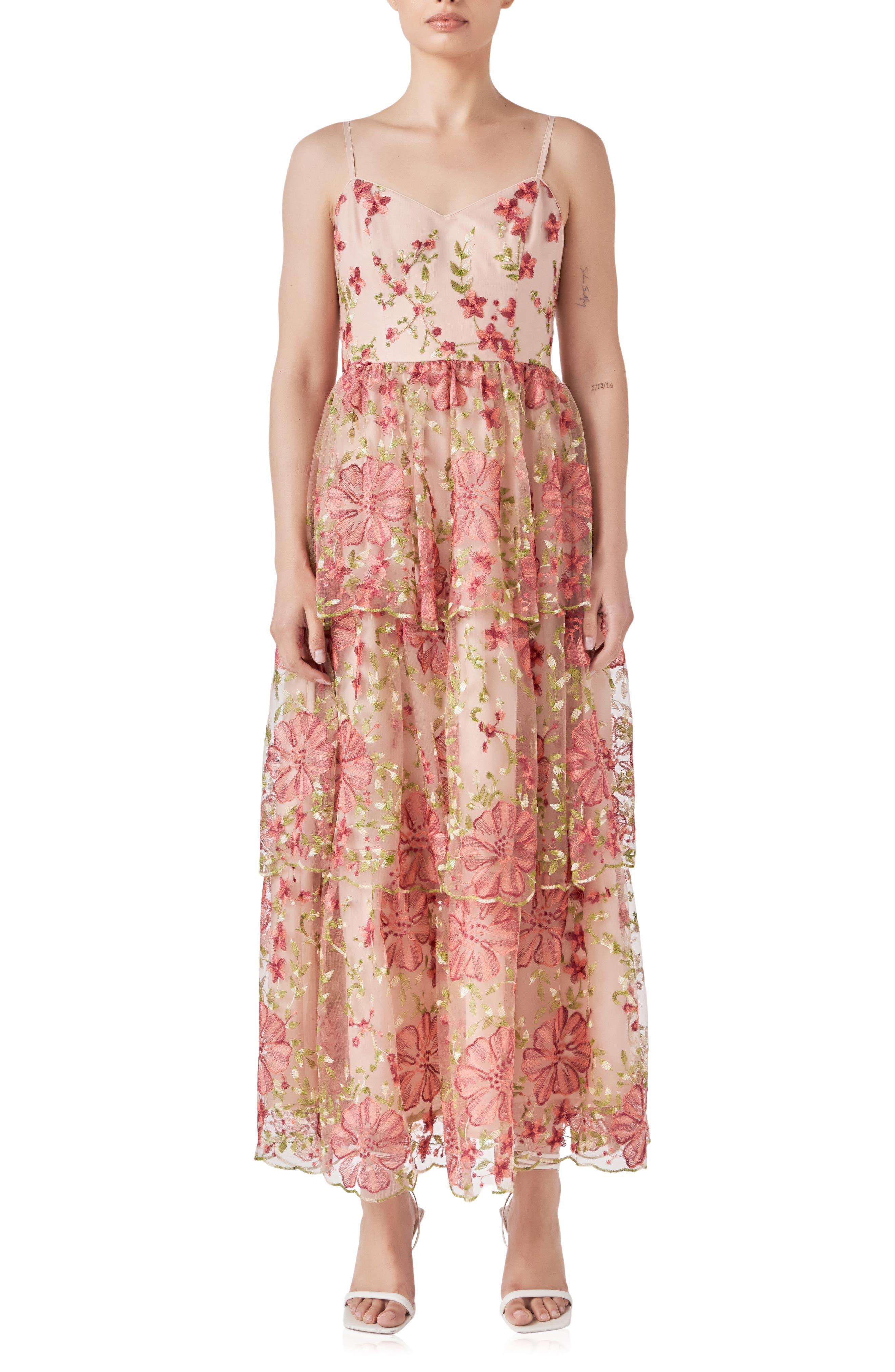 Endless Rose Floral Embroidered Tiered Maxi Dress in Pink Lyst