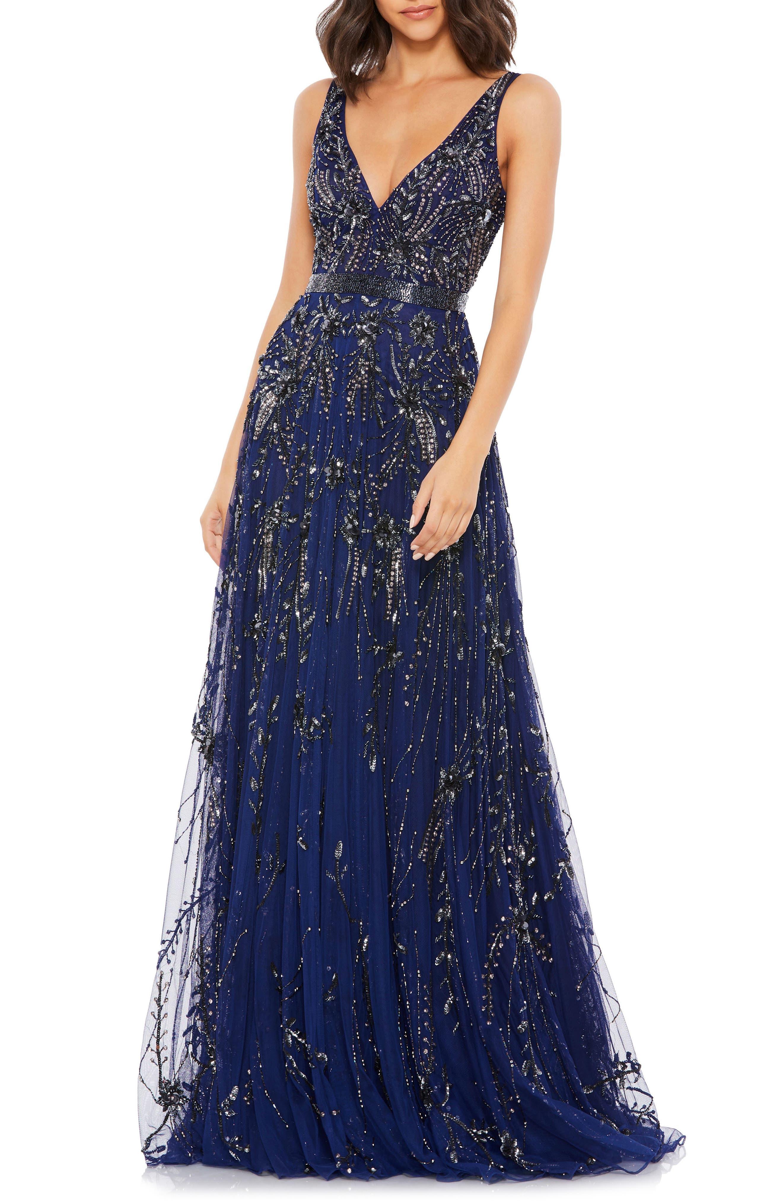 Mac Duggal Beaded Plunge Neck Gown in Blue Lyst