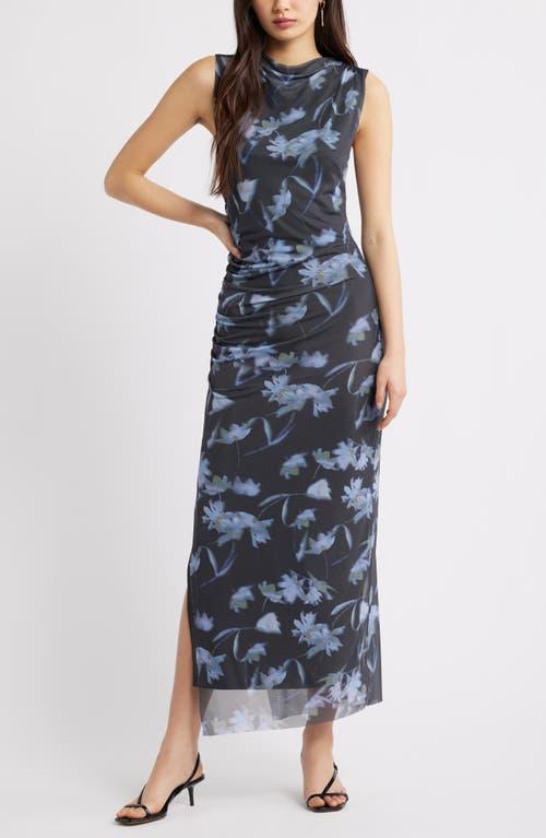 rose print midi dress Long Sleeve Stretch Metallic Rose Floral Midi Dress In Navy Gold