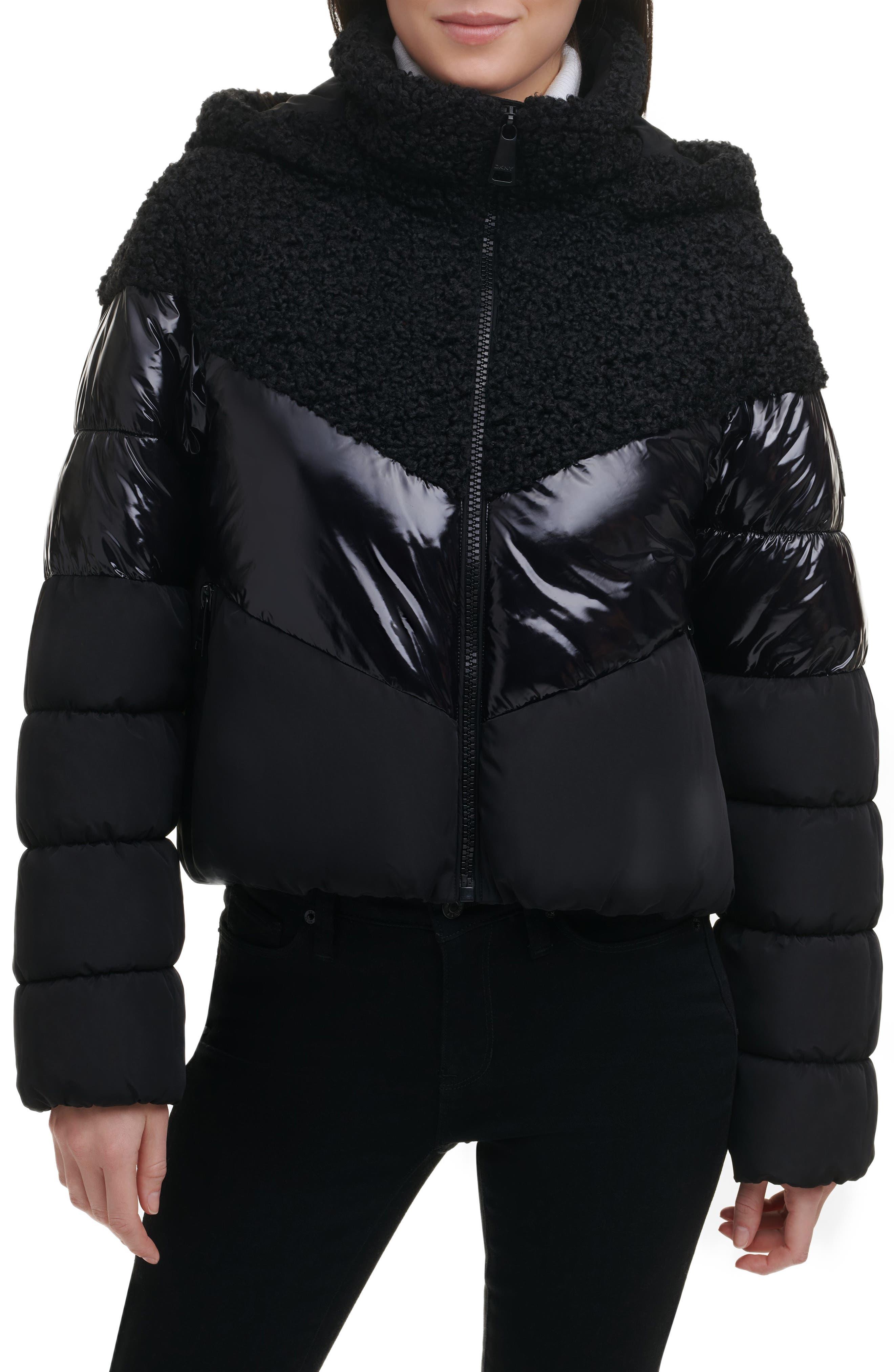 DKNY Mixed Media Hooded Puffer Jacket in Black Lyst