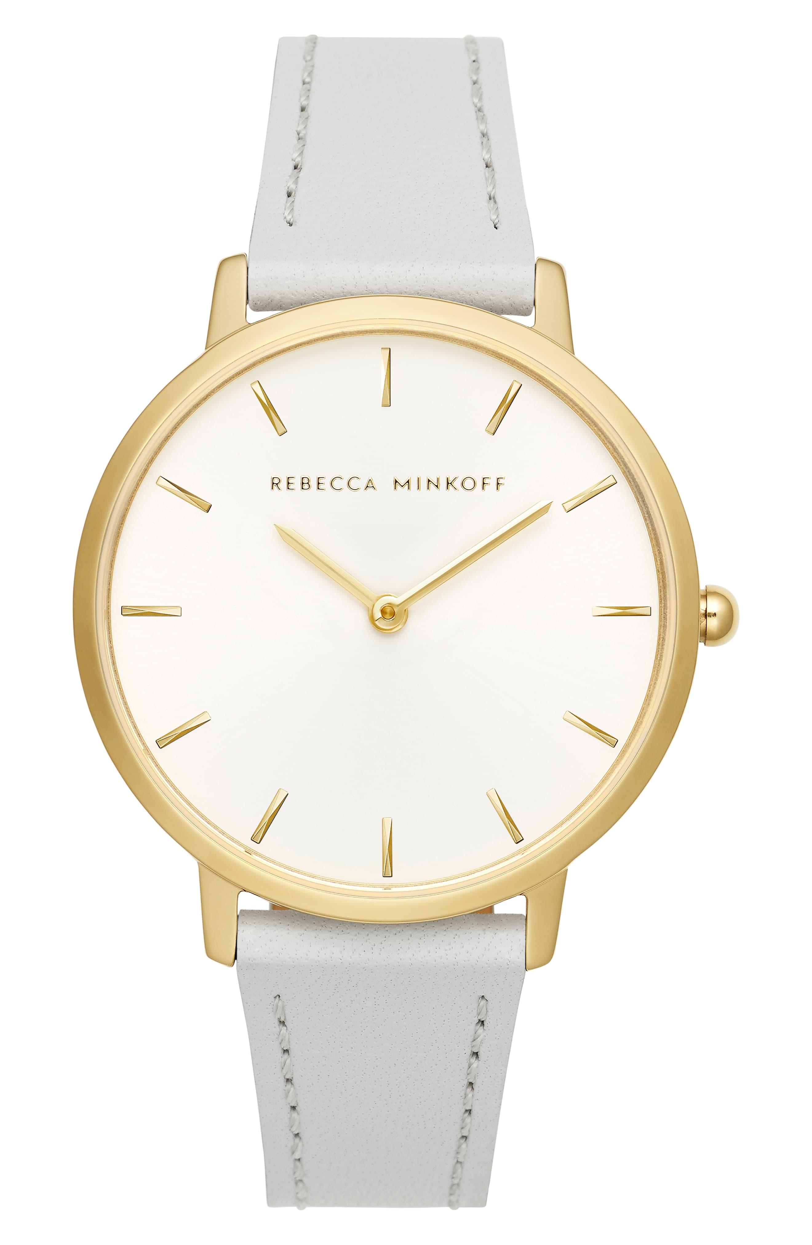 Rebecca Minkoff Major Leather Strap Watch in Grey  Silver White Gold 