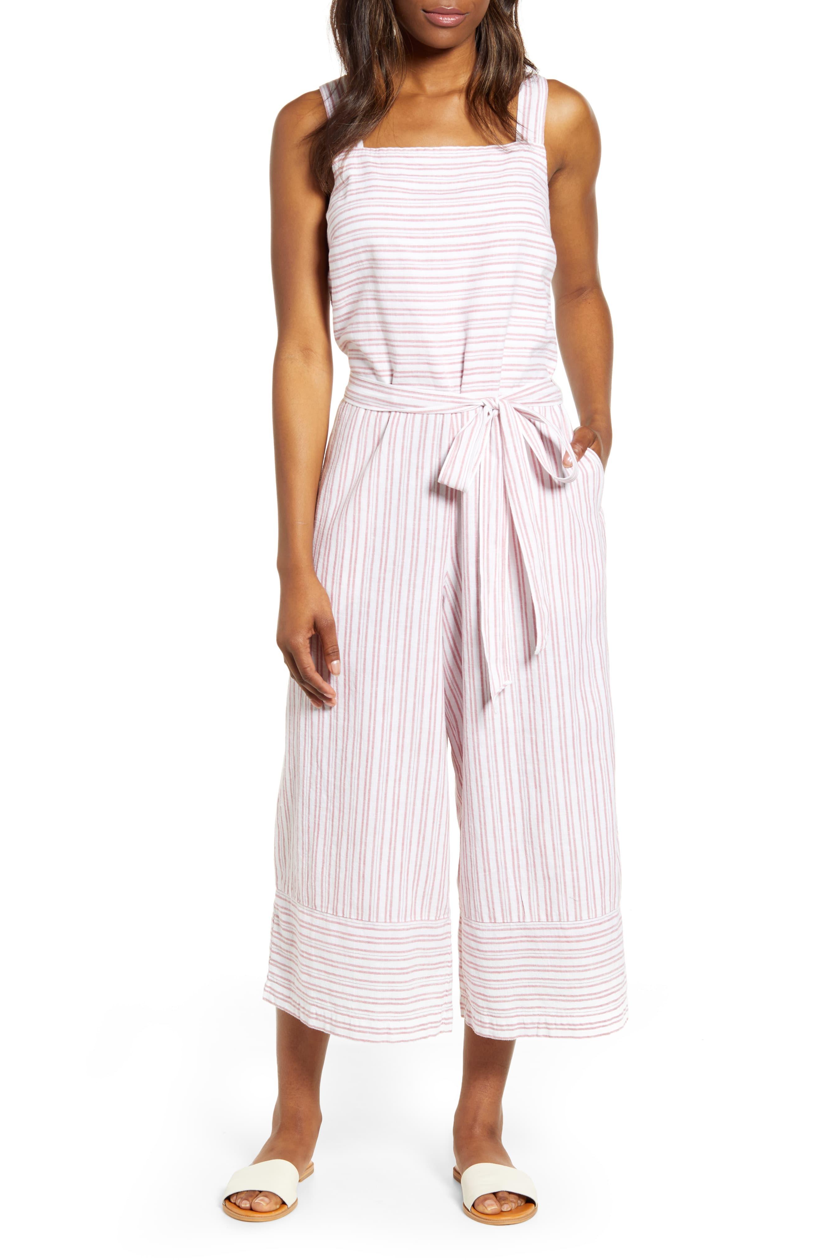 Beach Lunch Lounge Talia Stripe Cotton & Linen Jumpsuit in Rose (Pink