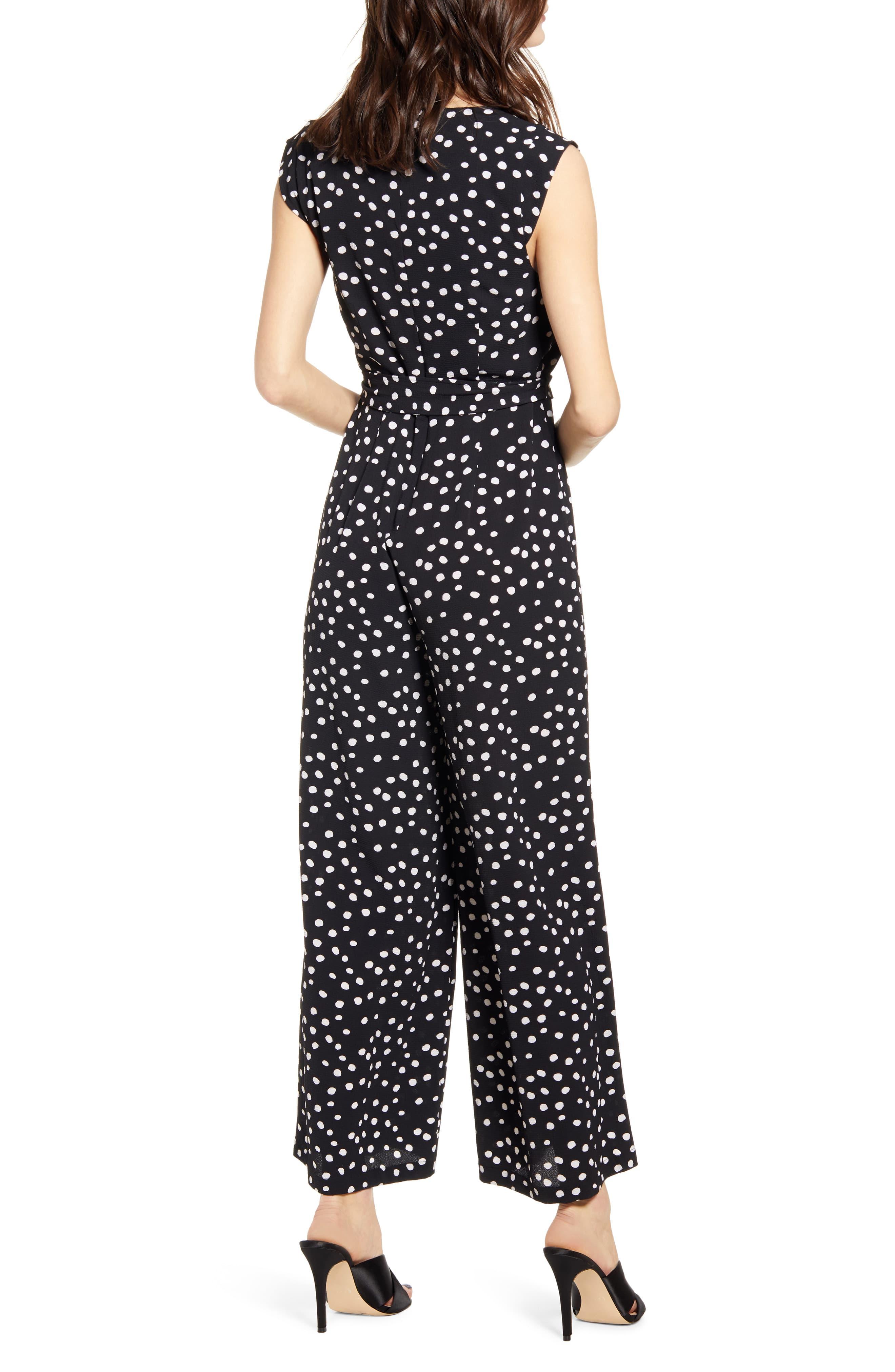 white and black polka dot jumpsuit