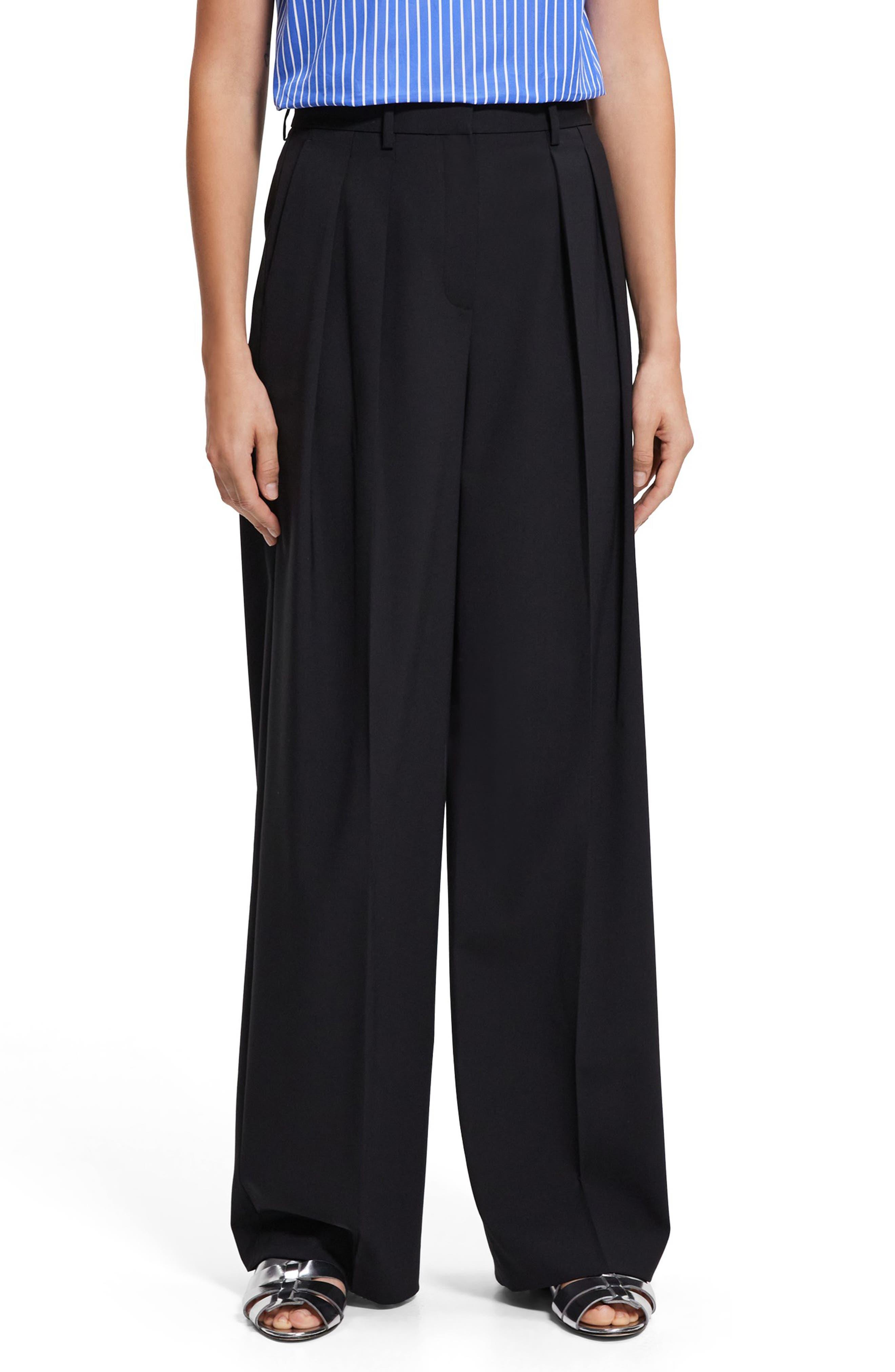 Theory New T Double Pleated Stretch Wool Pants in Black | Lyst