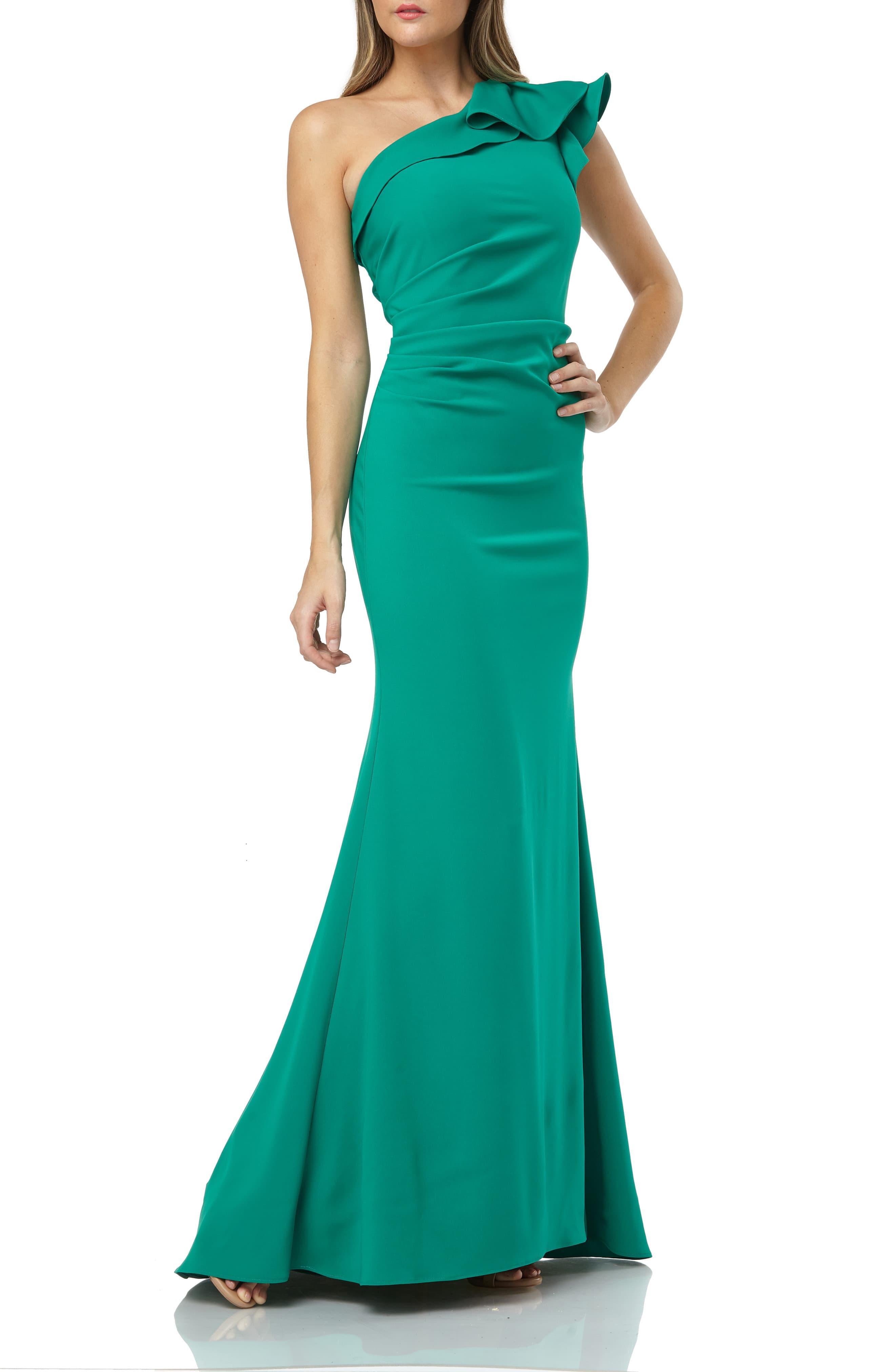 Carmen marc valvo infusion top ruffle off the shoulder gown