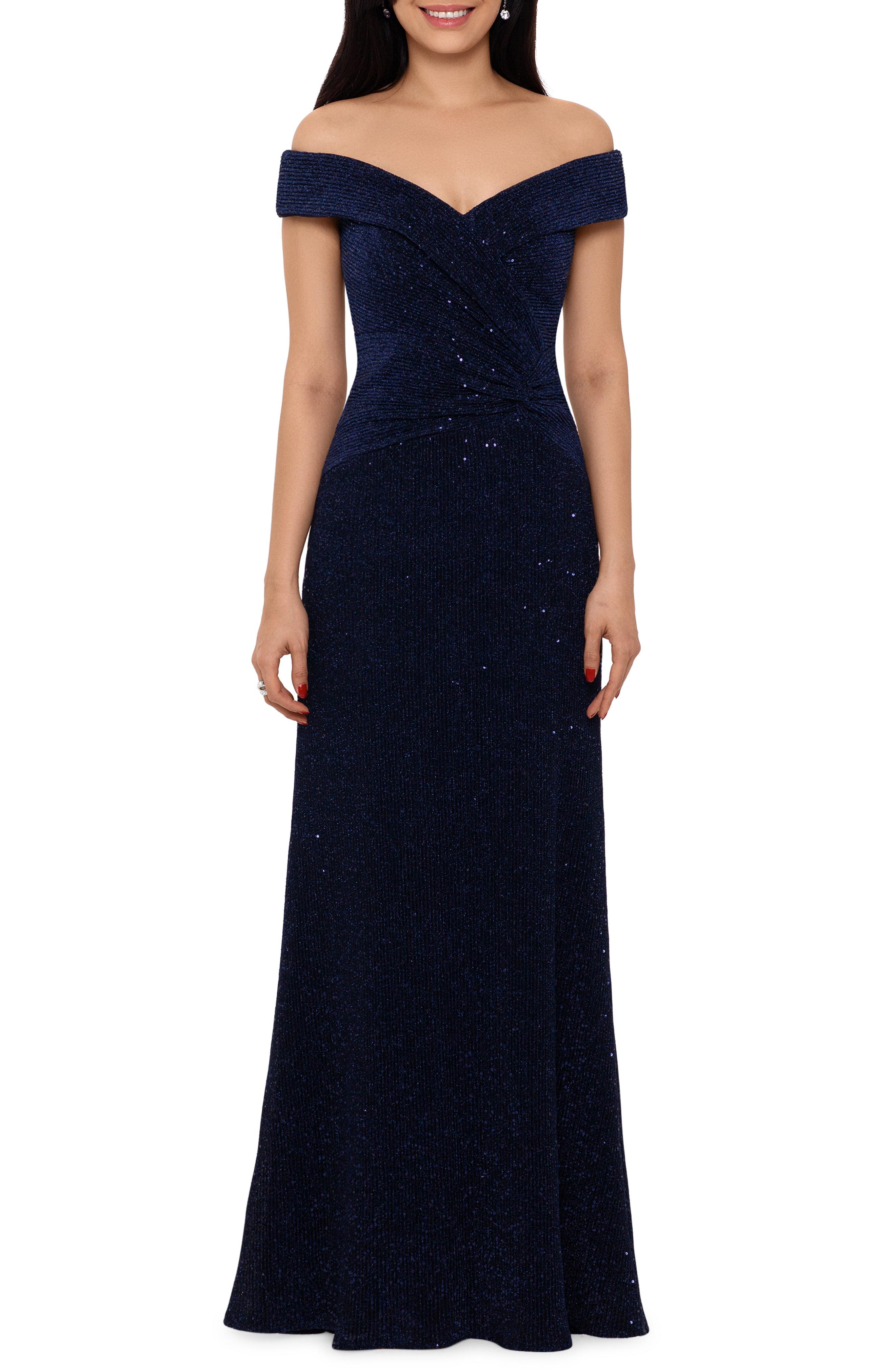 Xscape Off The Shoulder Sequin Gown in Navy (Blue) - Lyst