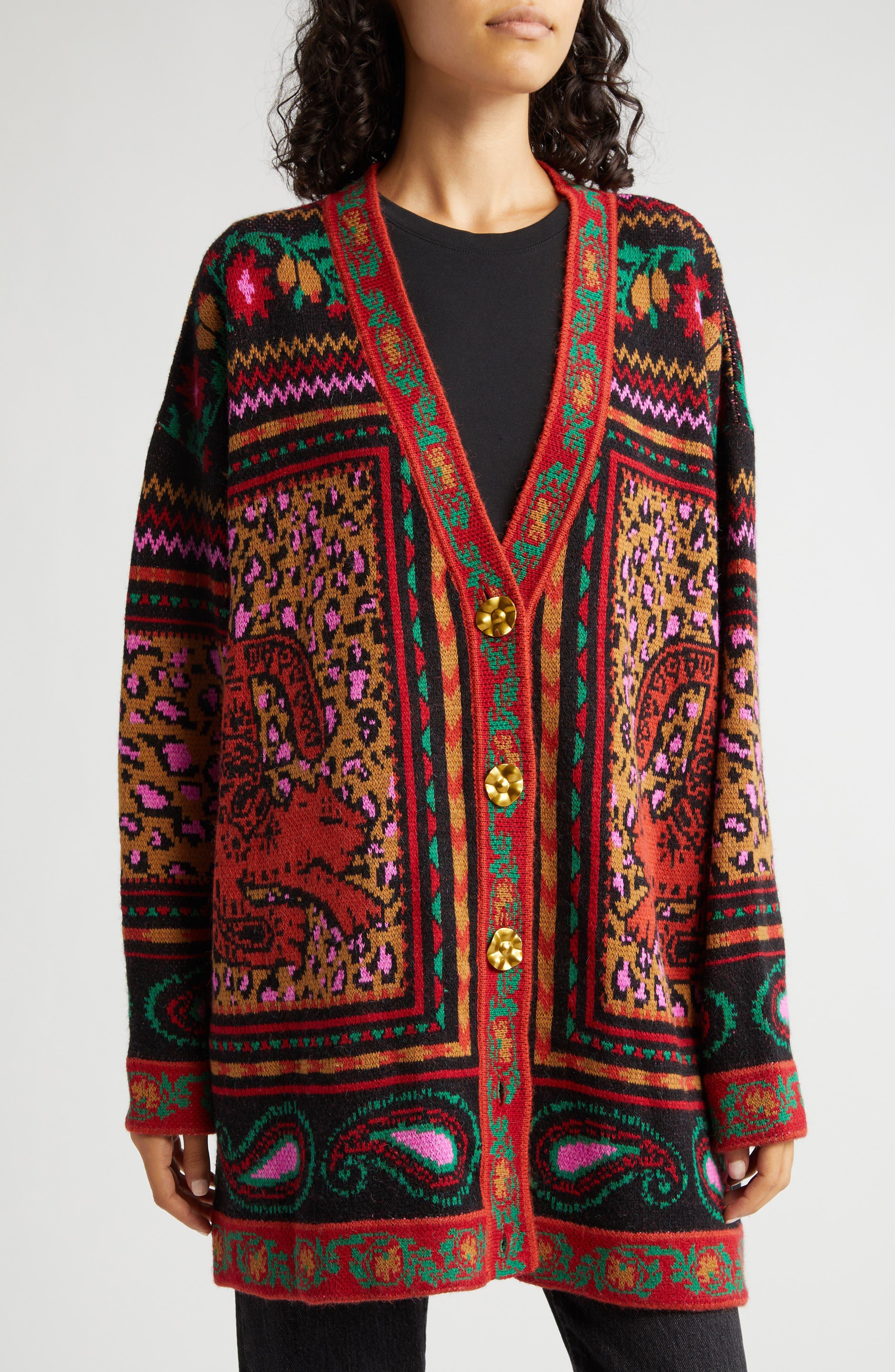 FARM Rio Tapestry Jacquard Cardigan in Red Lyst