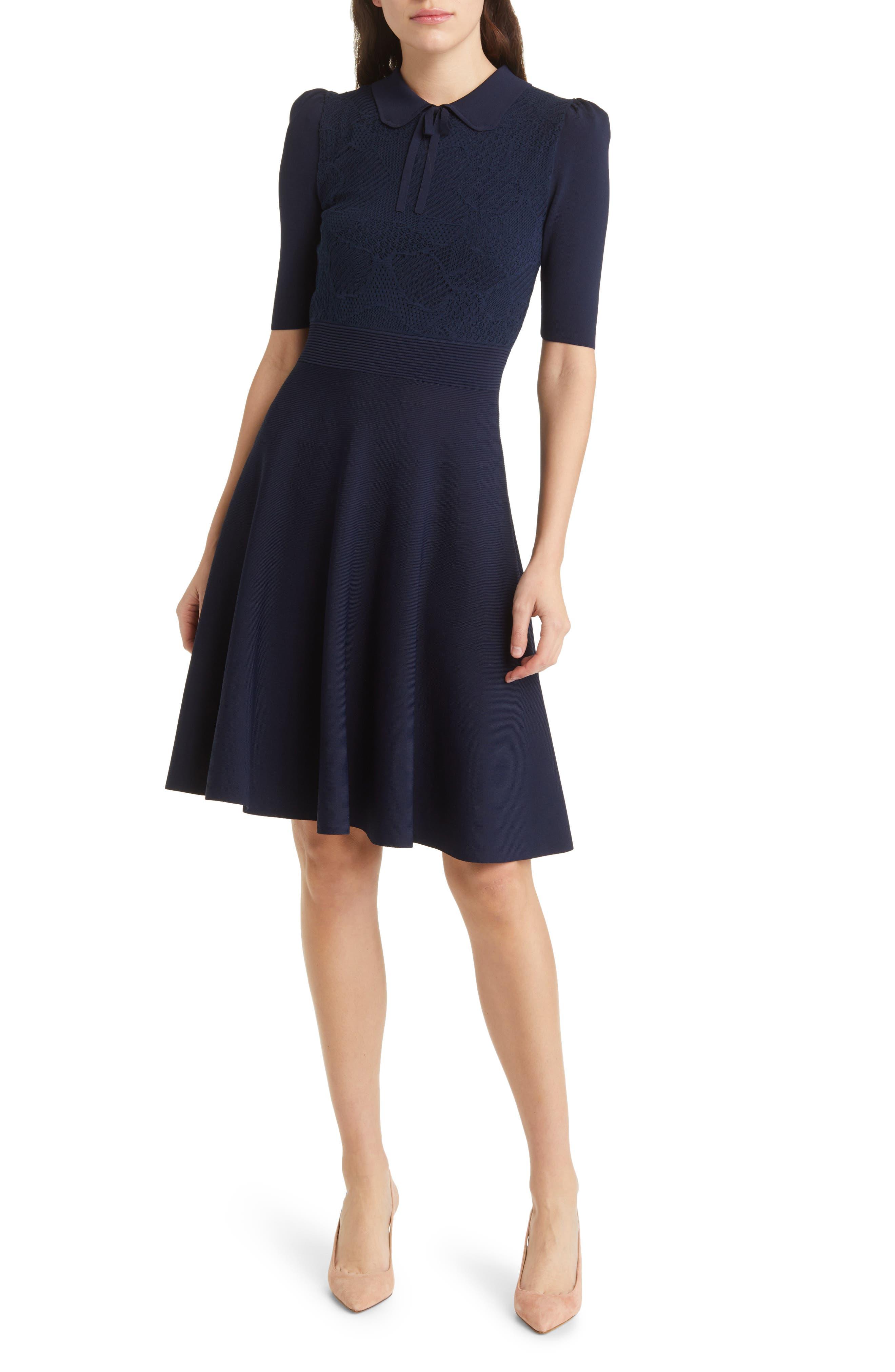 pago Repeler inercia Ted Baker Hillder Pointelle Bodice Fit & Flare Dress in Blue | Lyst