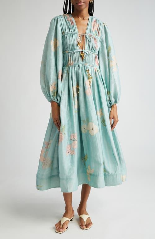 Zimmermann Drawn Metallic Floral Long Sleeve Linen & Silk Dress in Green |  Lyst